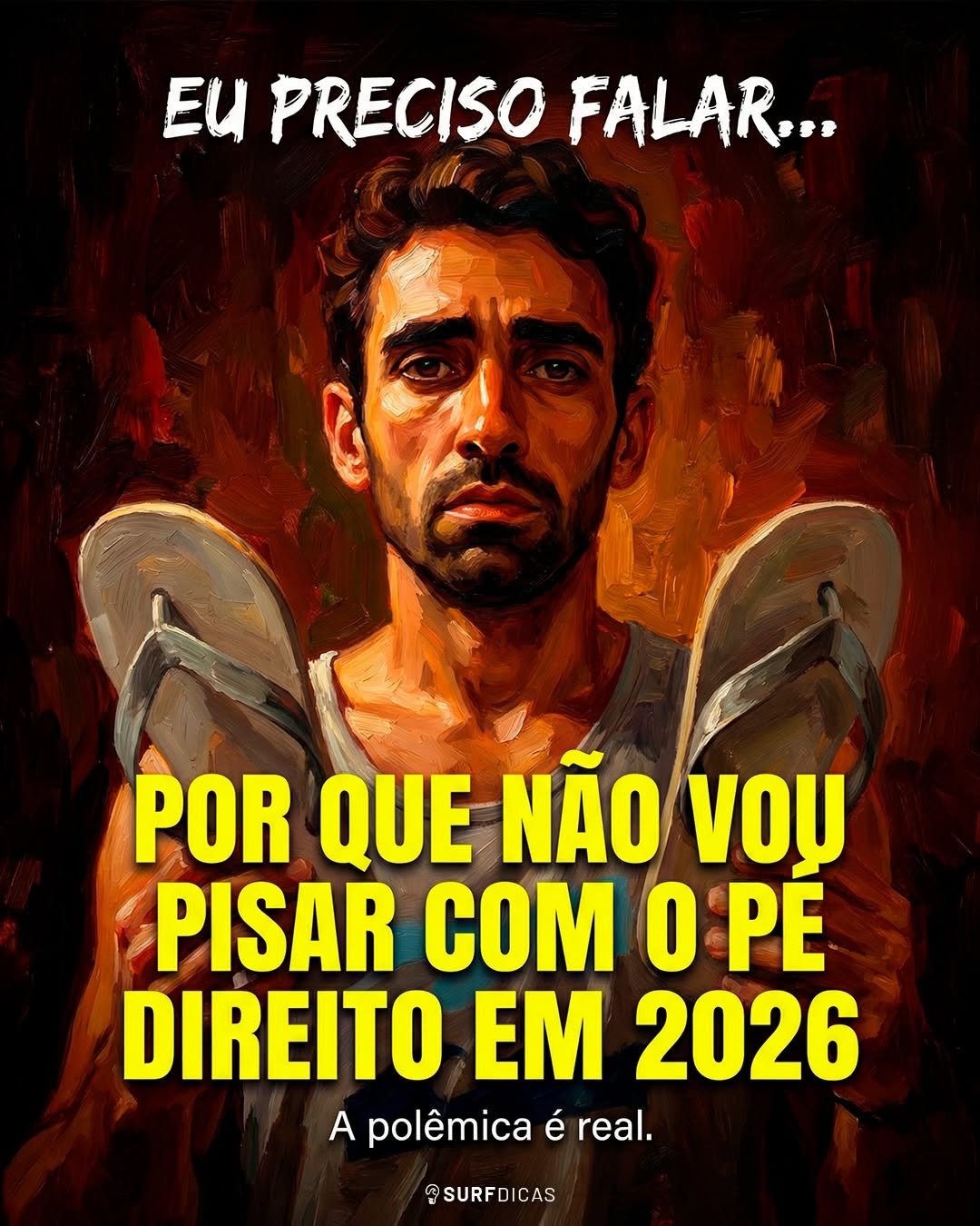 Photo by Derek Cruz - Surf Dicas on December 22, 2025. May be a meme of text that says 'EU PRECISO FALAR... POR QUE NÃO νου PISAR COM O PE DIREITO EM 2026 A polêmica é real. @SURFDICAS DICAS'.