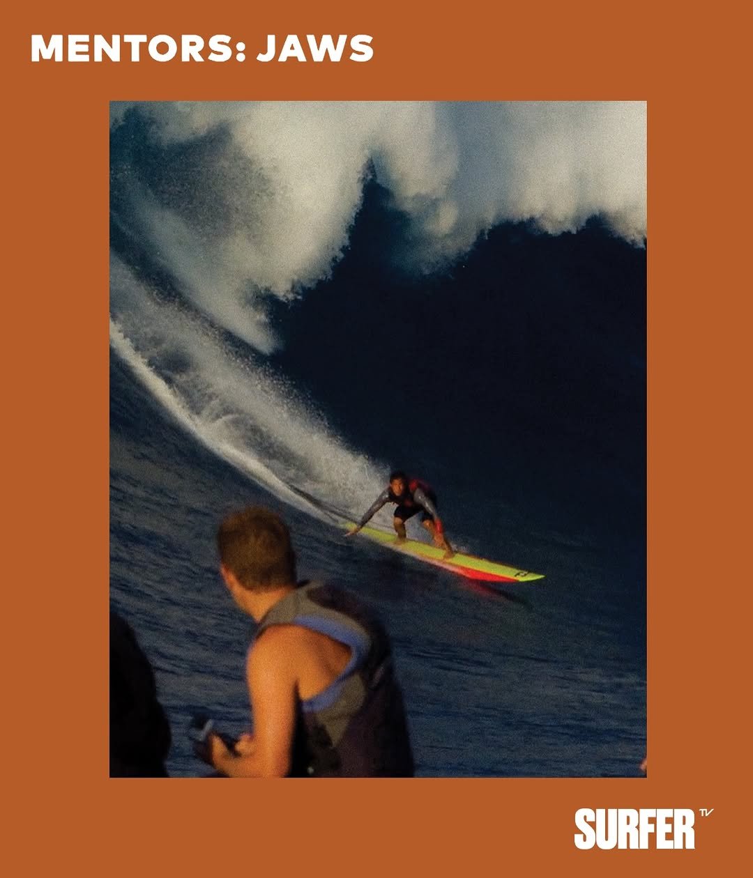 Photo by SURFER TV on February 07, 2026. May be an image of shark, surfboard, poster, wetsuit, water and text that says 'MENTORS: MENTORS:JAWS JAWS CM SURFER ν'.