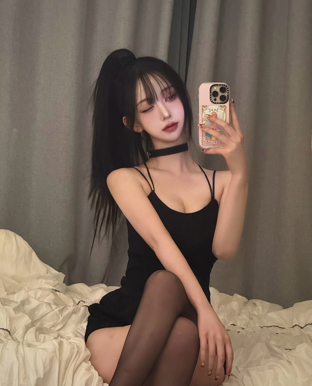 Photo by 수야 すや on November 06, 2025. May be a selfie of one or more people, hair, phone, slip, fishnet stockings and text.