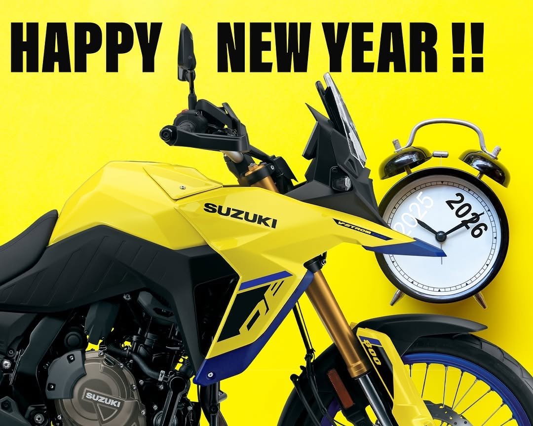Photo by Suzuki on January 01, 2026. May be a cartoon of motorcycle, scooter, helmet and text that says 'ΗΑΡΡy A NEW YEAR!! SUZUKI VETRO 025 206 2026 SUZUKI'.