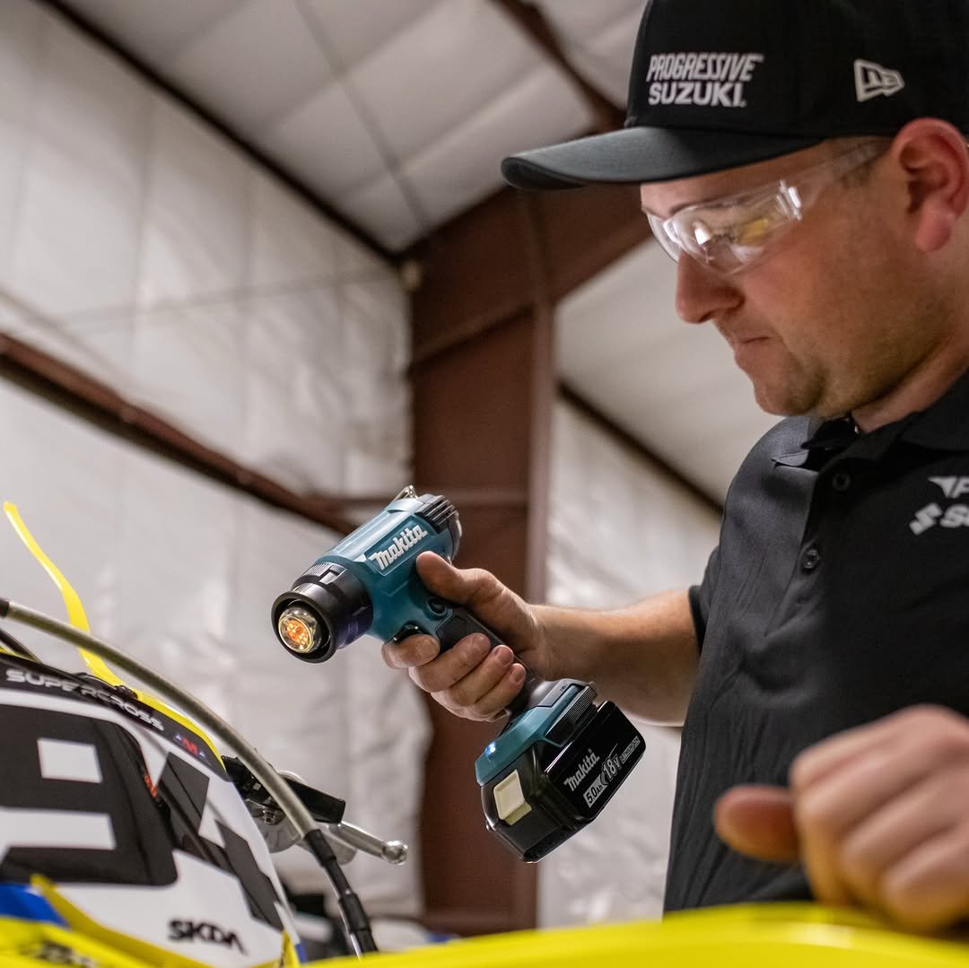 Photo shared by Pipes Motorsports Group on January 05, 2026 tagging @suzukicycles, @makitatools, and @hepmotorsports. May be an image of glasses, screwdriver, wrench, blower and text that says 'PROGRESTIVE SUZUKI maktta makua supg Omm 出 መሞስ SICDA'.