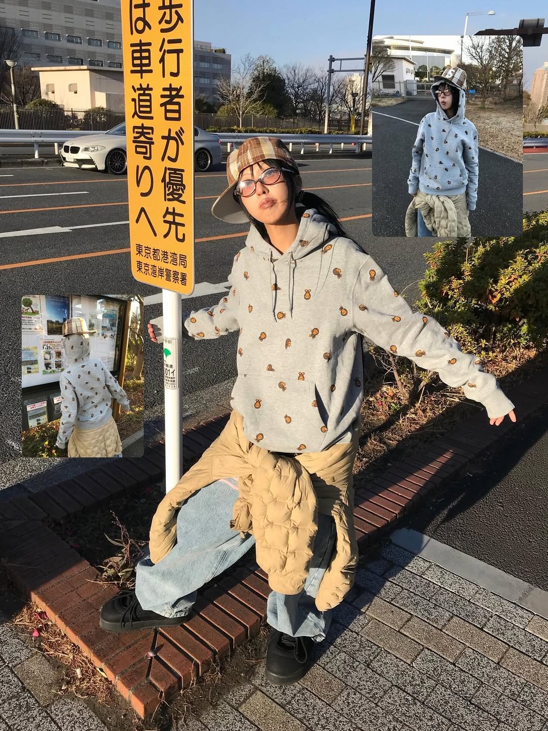 Photo shared by 스윙잉서울 대구 on January 14, 2026 tagging @bape_japan. May be an image of standing, street, telephone pole, curb and text.