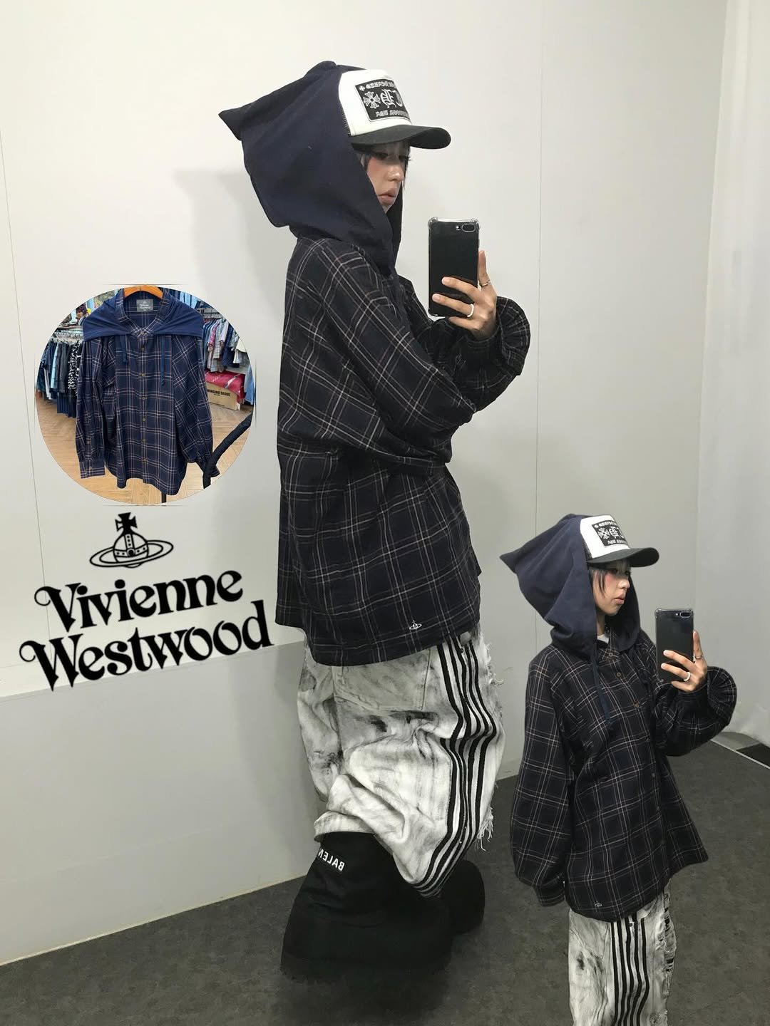Photo by 스윙잉서울 대구 on March 04, 2026. May be an image of duffle coat, hat, face mask, jacket, cloak, sweatpants, raincoat, sweatsuit, parka, sweatshirt, fleece and text that says '9 se - 子降 VVivienne Westwood A3JA8'.