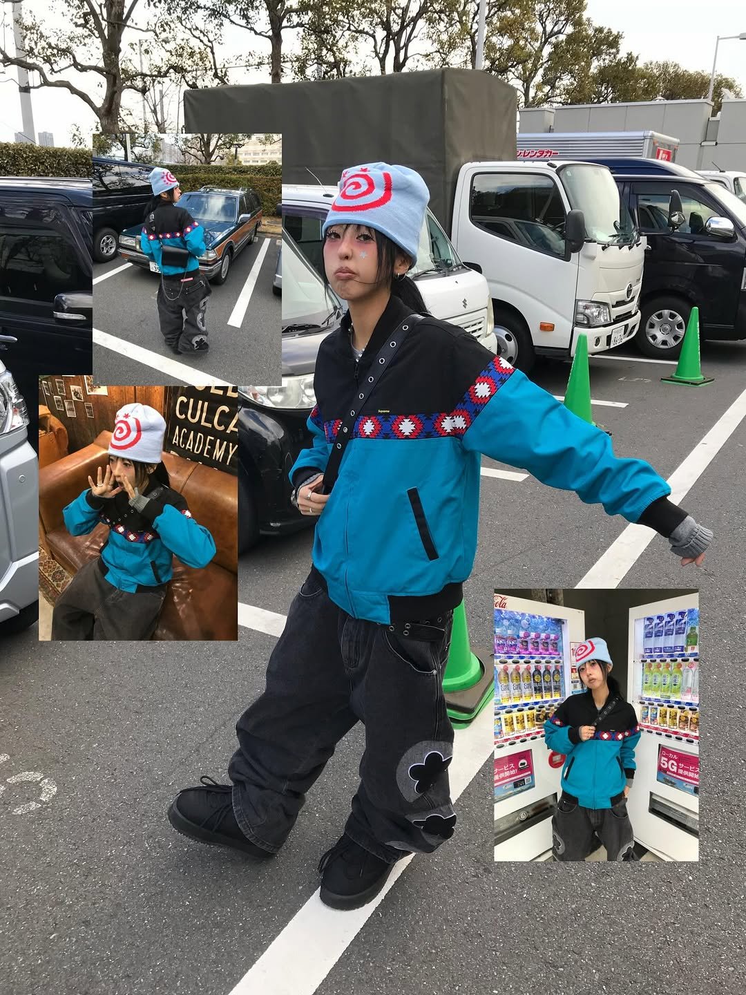 Photo shared by 스윙잉서울 대구 on January 14, 2026 tagging @supremenewyork. May be an image of standing, skateboard, glasses, raincoat, parka, snowsuit, ski, face mask and text.