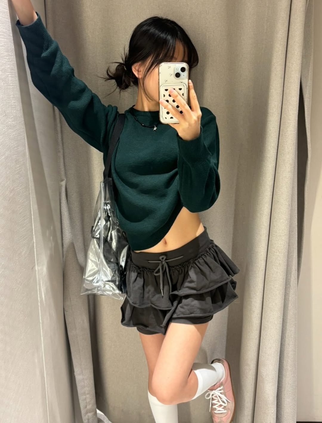 Photo shared by 세영 on December 08, 2025 tagging @mellow__awesome. May be an image of skirt, top, miniskirt, shorts, sweatshirt, parka and text.