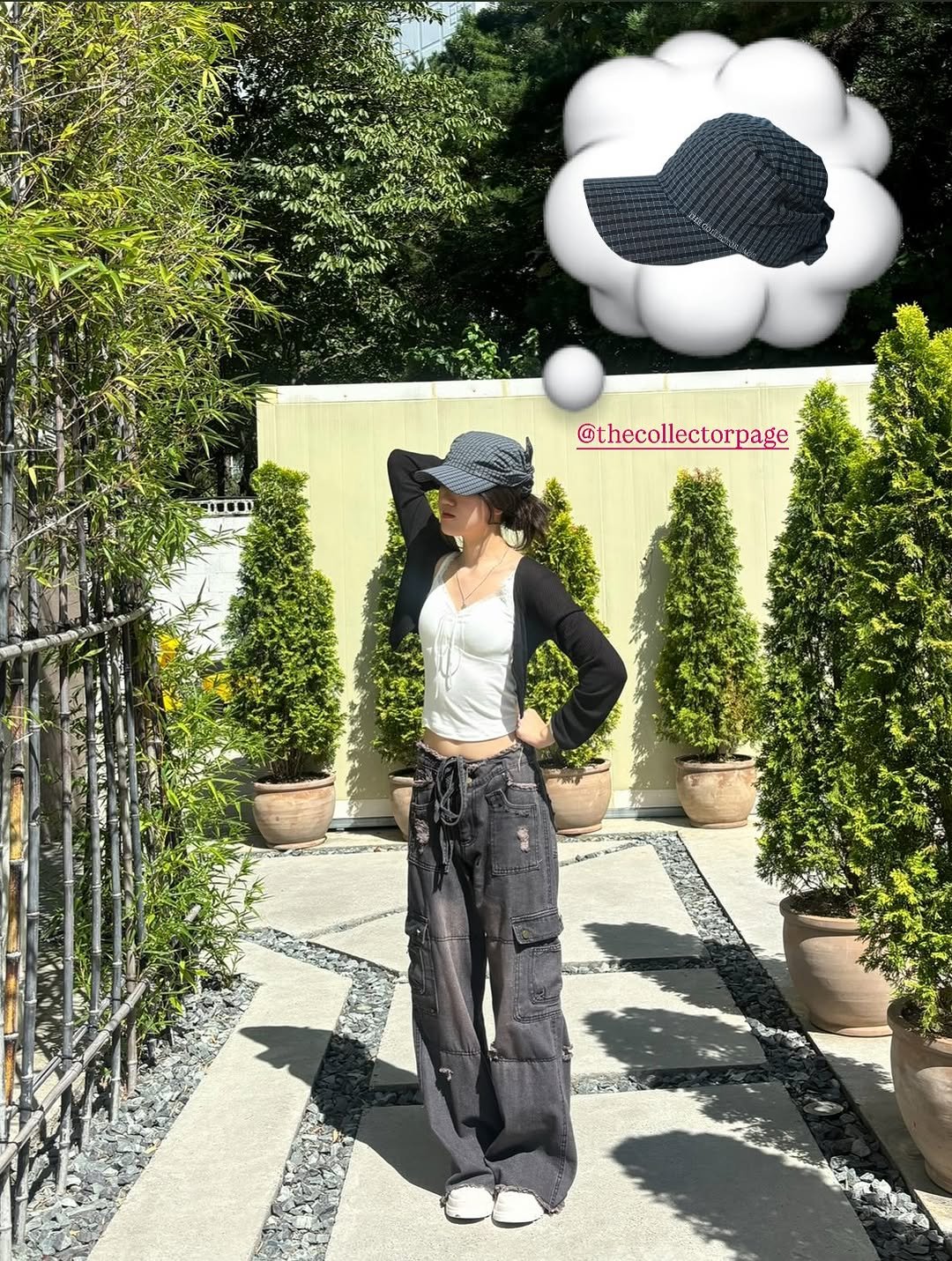 Photo shared by 세영 on September 05, 2025 tagging @thecollectorpage. May be an image of 1 person, beret, sweatpants, parasol, umbrella, cloud and text.