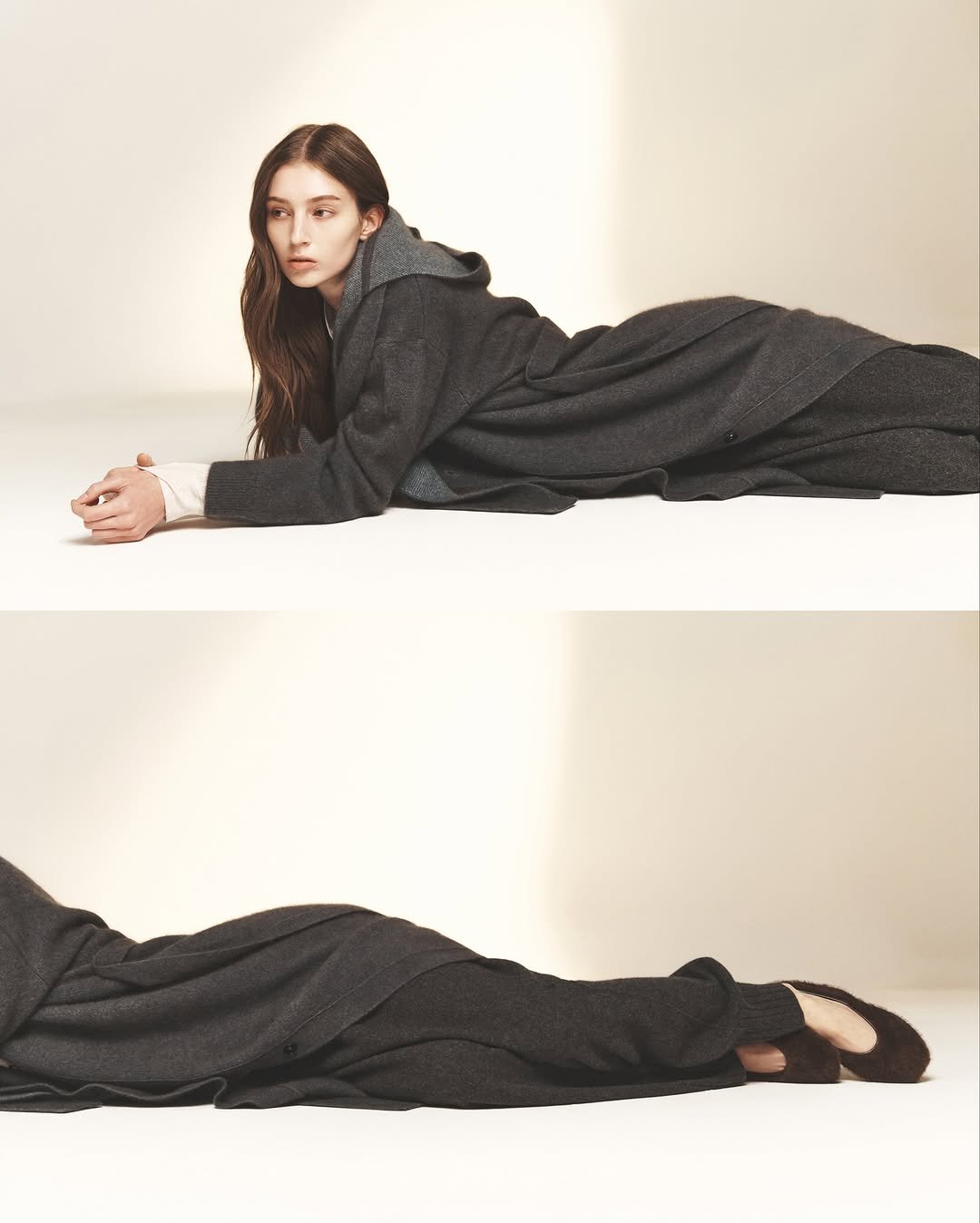 Photo by SYSTEM, SYSTEM HOMME on November 24, 2025. May be an image of one or more people, hair, overcoat, duffle coat, turtleneck and text.