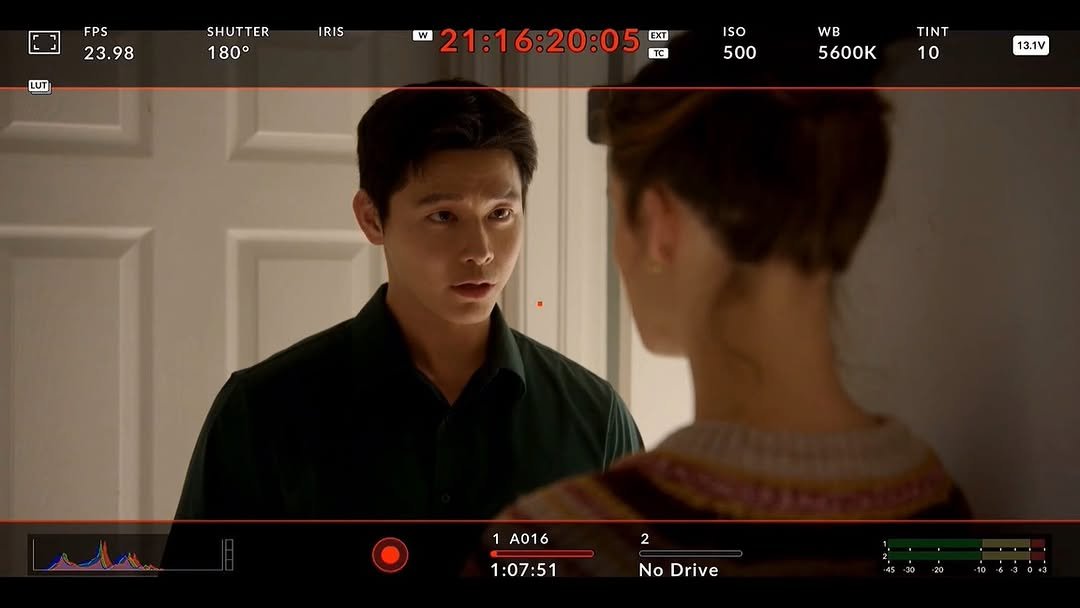 Photo shared by Theo Jang on December 29, 2025 tagging @pillowarmor. May be an image of one or more people and text that says 'FPS 23.98 SHUT SHUTTER TER 180° LUT RIS W W 21:16:20:05 TC EXT ISO 500 WB 5600K TINT 10 13.1V 1 A016 1:07:51 2 NoDrive No Drive'.