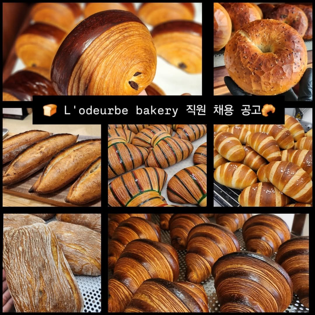 Photo by 빵굽는 남자 on August 05, 2025. May be an image of baguette, babka, rye bread, croissant and text that says 'L odeurbe bakery 직원 채용 공고'.
