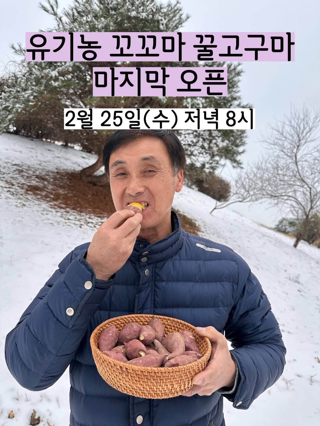 Photo by 태이네외갓집의 유기농꿀고구마•유기농채소 on February 23, 2026. May be an image of vegetable and text that says '유기농 유ㄱ 농 꼬꼬마 꿀고구마 마지막오 막 오픈 마지 2월 25일 2월25일(수)저녁8시 25일(수) (수) 저녁8시 저녁 8시'.