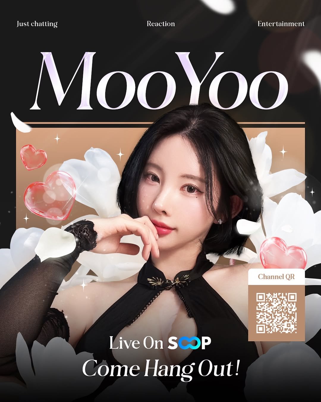 Photo by 김우유mooyoo on January 12, 2026. May be an image of magazine, poster and text that says 'Justchatting Just chatting Reaction Reac Entertainment Entertai MooYoo Channel ChannelQR QR Live On SCOP LiveOnSCOP S Come Hang ComeHangOut! Out!'.