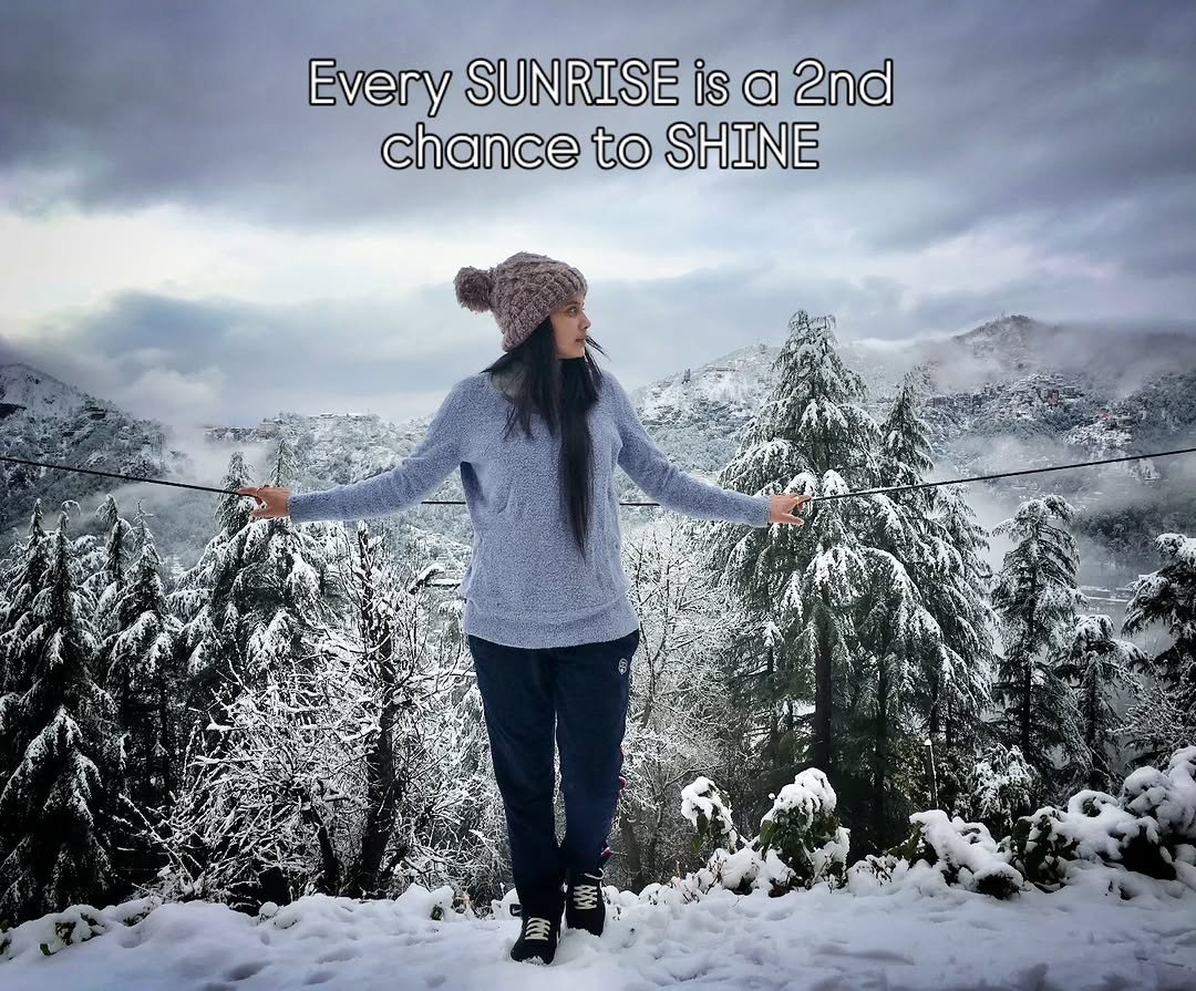 Photo by Tamanna_euphoria13 on January 11, 2026. May be an image of standing, mountain, snow and text that says 'Every SUNRISE is a 2nd chance to SHINE'.