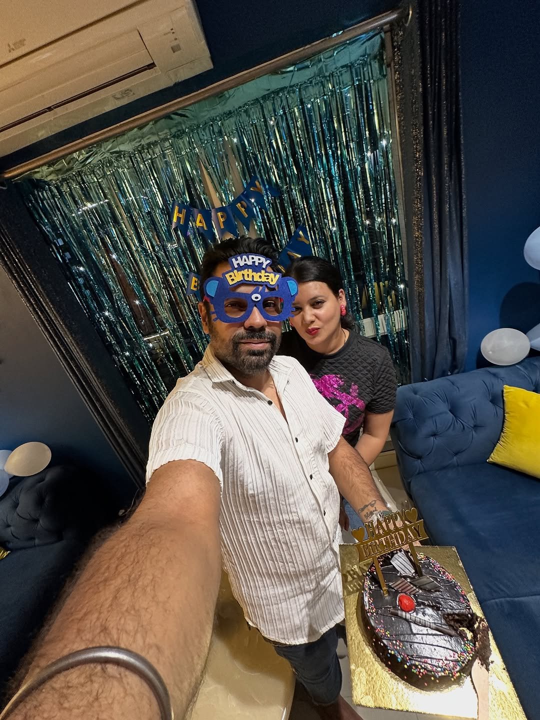 Photo shared by Karamjeet Singh on October 25, 2025 tagging @tamanna_k13, and @turboextremedaily. May be a selfie of smiling, balloon, glasses and text.