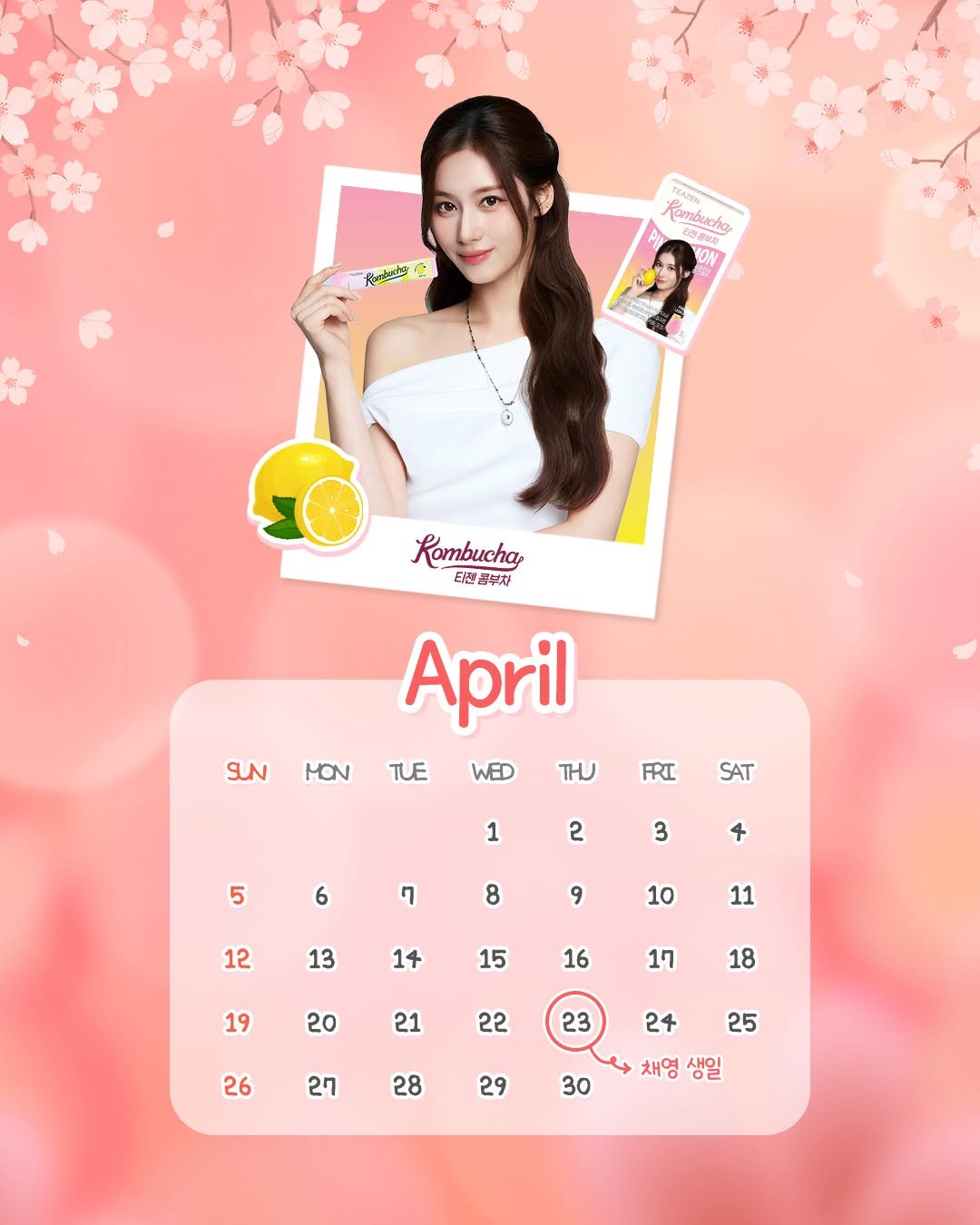 Photo by 티젠 공식 인스타그램 on April 06, 2026. May be an image of ‎calendar, poster and ‎text that says '‎Runbashs ٤ Kambuchar せ TEAZYN Cmoukne اس のき酸城券 MON 양 Rombucha 티면 곤부차 SUN HON April TUE WED FRI SAT 1 5 2 6 3 7 4 8 12 9 10 13 14 11 15 16 19 20 20 17 21 18 22 26 23 27 24 28 25 29 30 채영 생일‎'‎‎.