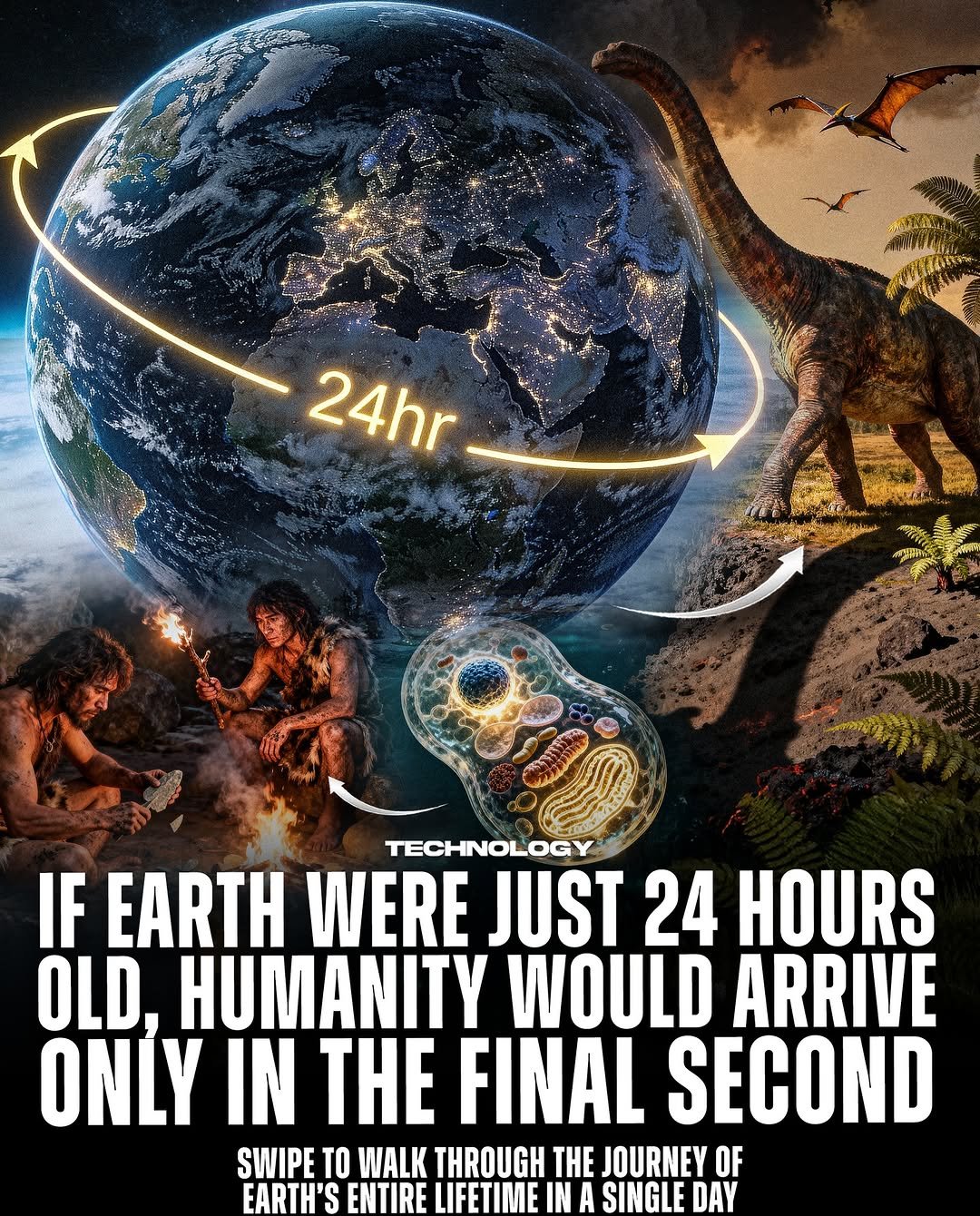 Photo by Technology on December 04, 2025. May be a graphic of map, poster, globe and text that says '24hr TECHNOLOGY IF EARTH WERE JUST 24 HOURS OLD, HUMANITY WOULD ARRIVE ONLY IN THE FINAL SECOND SWIPE TO WALK THROUGH THE JOURNEY OF EARTH'S ENTIRE LIFETIME A SINGLE DAY'.
