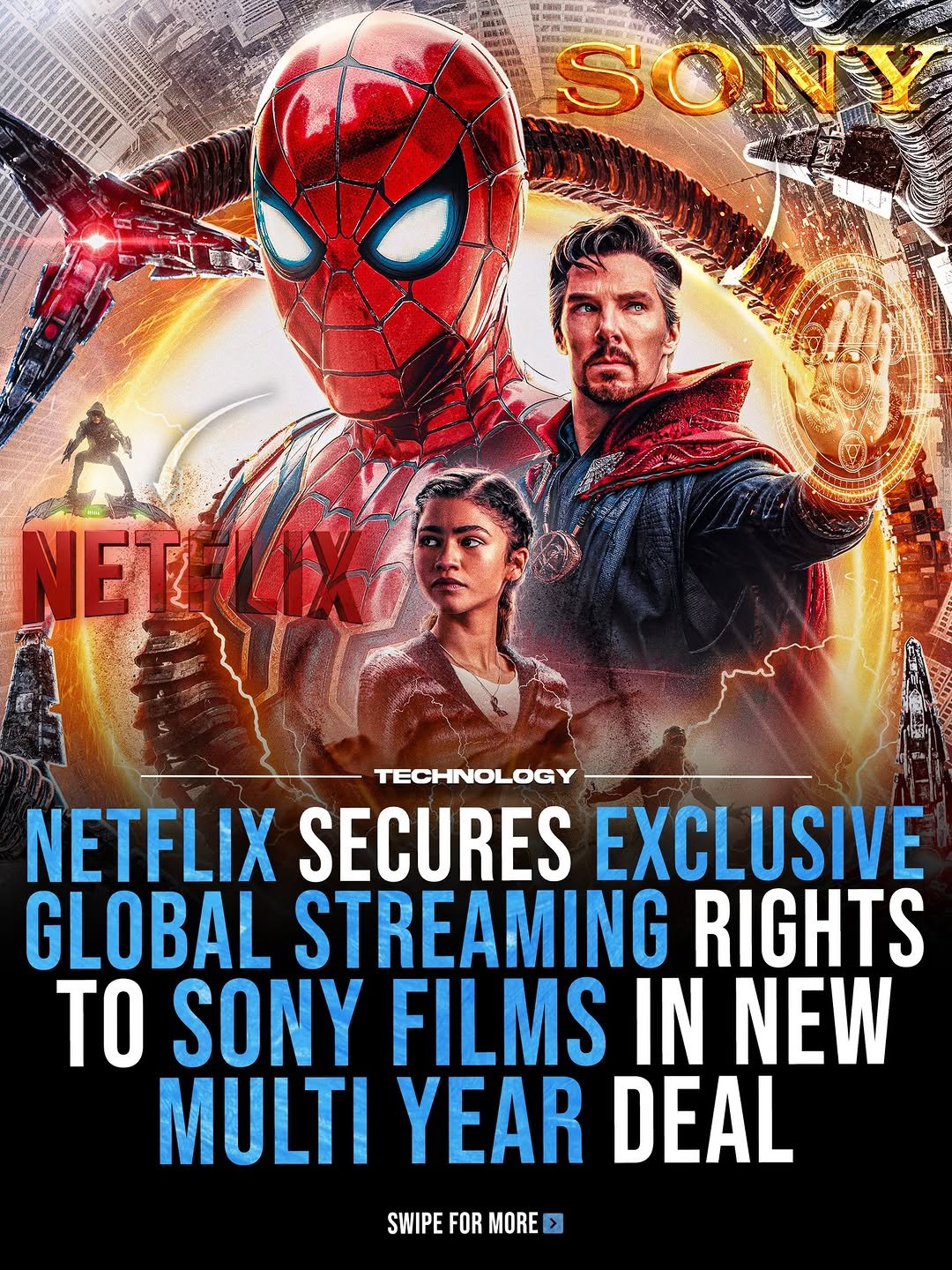 Photo by Technology on January 16, 2026. May be an image of vulture, poster and text that says '編物品 SOG 族 3a BRENG RE 2动 SONY e NET ฐา TECHNOLOGY NETFLIX SECURES EXCLUSIVE GLOBAL STREAMING RIGHTS TO SONY FILMS IN NEW MULTI YEAR DEAL SWIPE FOR SWIPEFORMORE MORE'.