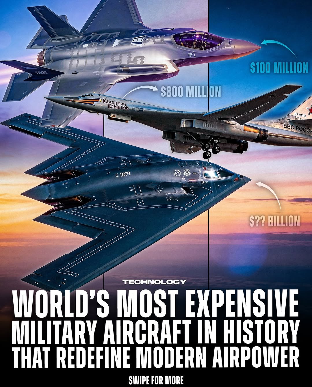Photo by Technology on December 04, 2025. May be an image of airplane, space shuttle and text that says '幸 KaAu BALBHTOIS $100 MILLION $800 MILLION RM94115 BBC " 1071 $?? BILLION TECHNOLOGY WORLD'S MOST EXPENSIVE MILITARY AIRCRAFT IN HISTORY THAT REDEFINE MODERN AIRPOWER SWIPE FOR MORE'.