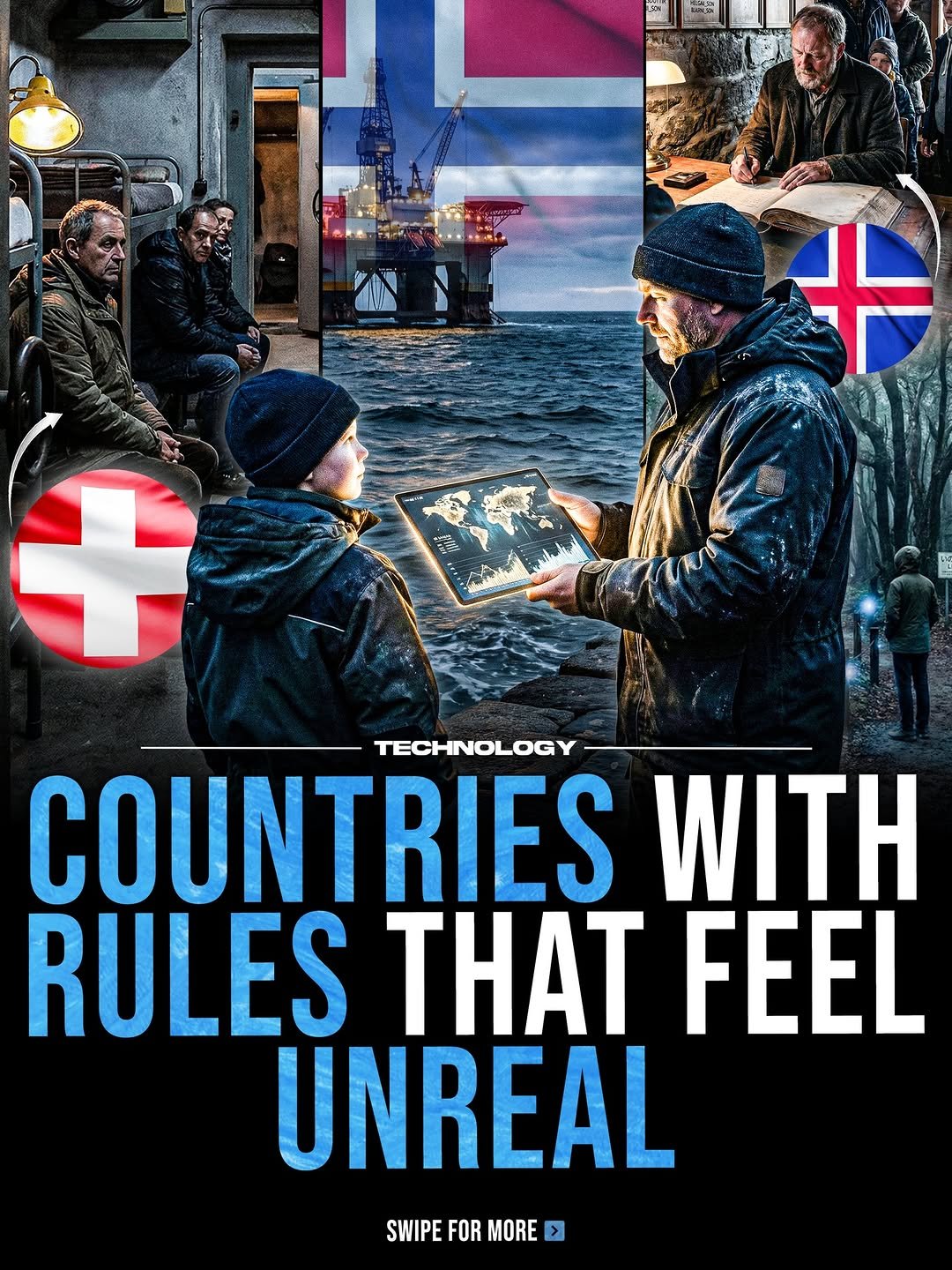 Photo by Technology on January 16, 2026. May be a graphic of poster, magazine and text that says 'JoH LETO + + TECHNOLOGY COUNTRIES WITH RULES THAT FEEL UNREAL SWIPE FOR SWIPEFORMO MORE'.