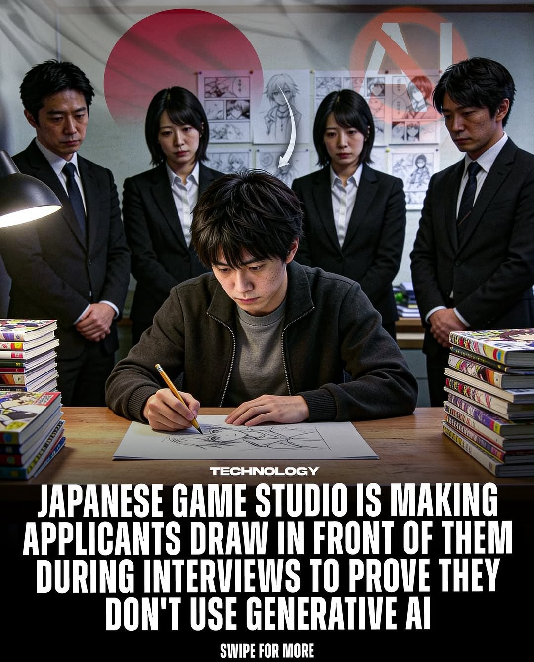 Photo by Technology on December 04, 2025. May be a cartoon of one or more people, poster, magazine and text that says 'TECHNOLOGY JAPANESE GAME STUDIO IS MAKING APPLICANTS DRAW IN FRONT OF THEM DURING INTERVIEWS TO PROVE THEY DON'T USE GENERATIVE Al SWIPE FOR MORE'.