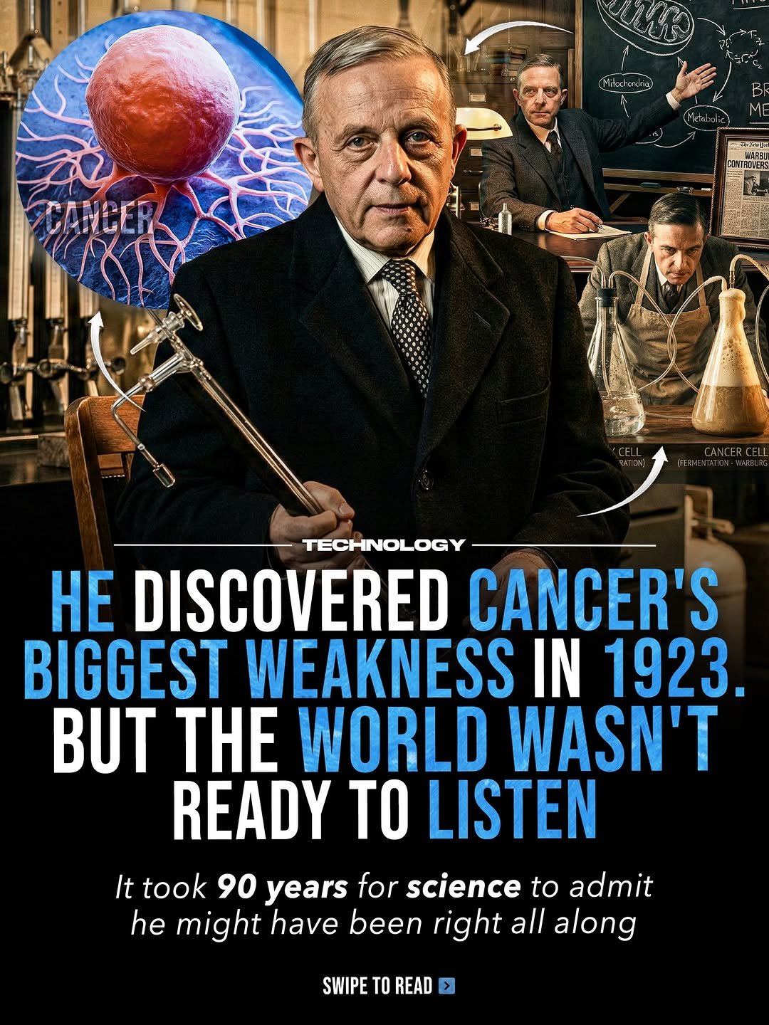 Photo by Technology on January 16, 2026. May be an image of poster, magazine and text that says 'CANCER 2ン重 ONTASLERS WAASU TECHNOLOGY HE DISCOVERED CANCER'S BIGGEST WEAKNESS IN 1923. BUT THE WORLD WASN'T READY TO LISTEN It took 90 years for science to admit he might have been right all along SWIPE TO READ'.