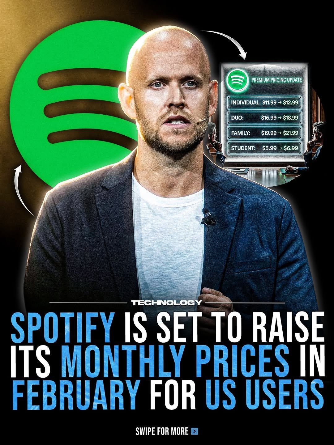 Photo by Technology on January 15, 2026. May be an image of text that says 'PREMIUM PREMIUMPRICINGUPDATE INDIVIDUAL: INDIVIDUAL:$1.99+$12.99 $11.99 $12.99 DUO: $16.99- $18.99 FAMILY: $19.99- >$21.99 STUDENT: $5.99 $5.99→$6.99 $6.99 TECHNOLOGY SPOTIFY IS SET TO RAISE ITS MONTHLY PRICES IN FEBRUARY FOR US USERS SWIPE FOR MORE'.