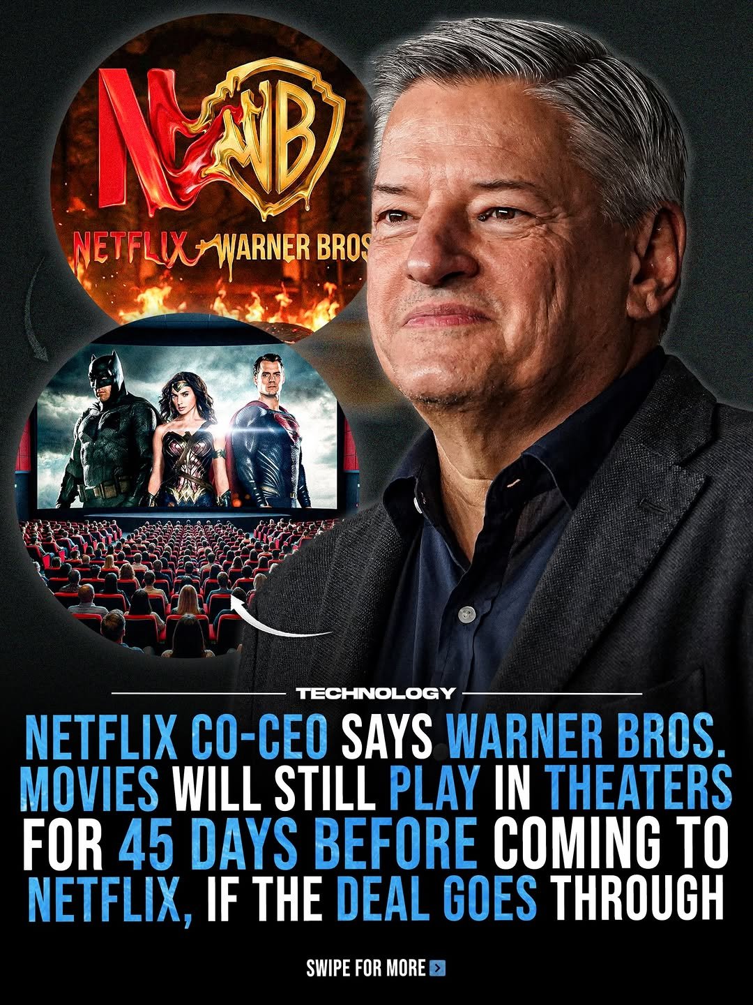 Photo by Technology on January 16, 2026. May be an image of one or more people, poster and text that says 'ም NETFLIX NETFLIXWARNERBRO WARNER BROS TECHNOLOGY NETFLIX CO-CEO SAYS WARNER BROS. MOVIES WILL STILL PLAY IN THEATERS FOR 45 DAYS BEFORE COMING TO NETFLIX, IF THE DEAL GOES THROUGH SWIPE FOR MORE'.