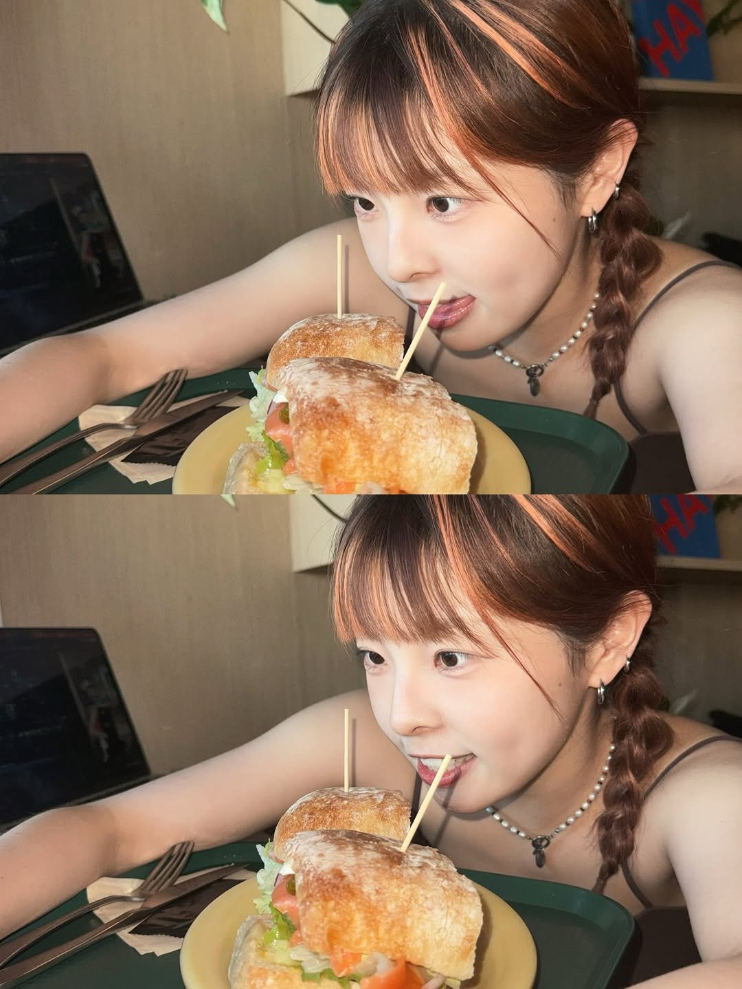 Photo by 티니TEENI on August 25, 2025. May be an image of 2 people, chicken sandwich, burger, cutlet, bread and text.