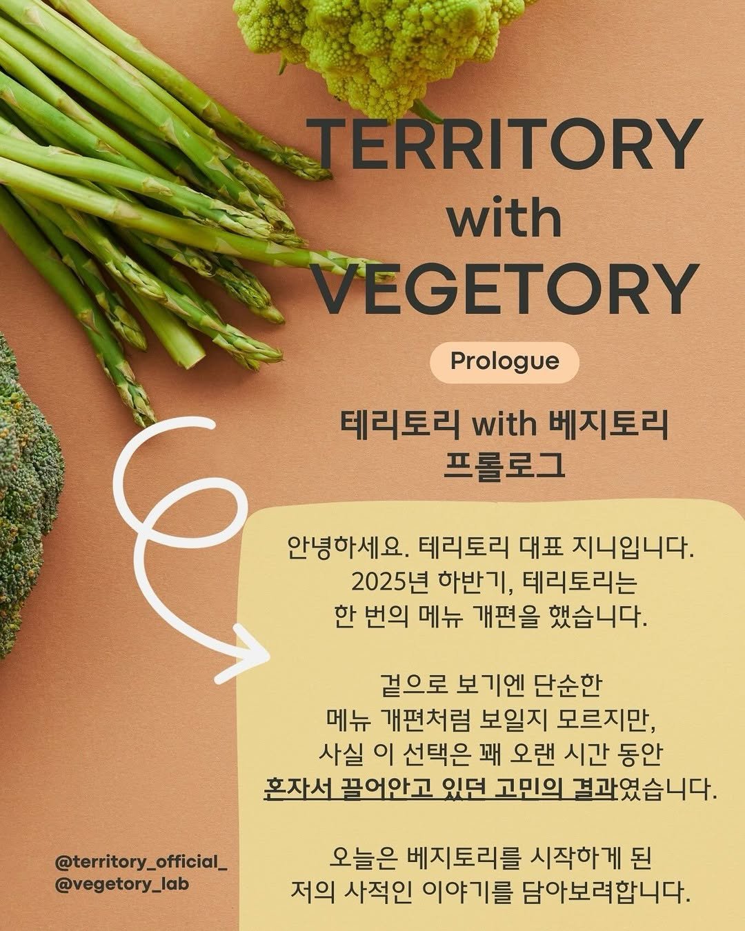 Photo shared by 송도 브런치 키친 테리토리 on February 08, 2026 tagging @_jini_jinini, @territory_official_, and @vegetory_lab. May be an image of ‎tofu, vegetable and ‎text that says '‎TERRITORY with VEGETORY Prologue ه 안녕하세요. 테리토리 대표 지니입니다. 테리토리 with 베지토리 프롤로그 2025년 하반기, 테리토리는 한 번의 메뉴 개편을 했습니다. 겉으로 보기엔 단순한 메뉴 개편처럼 보일지 모르지만, 사실 이 선택은 꽤 오랜 시간 동안 혼자서 끌어안고 있던 고민의 결관였습니다. @territory_official_ _official_ @territory_ @vegetory_lab 오늘은 베지토리를 시작하게 된 저의 사적인 이야기를 담아보려합니다.‎'‎‎.