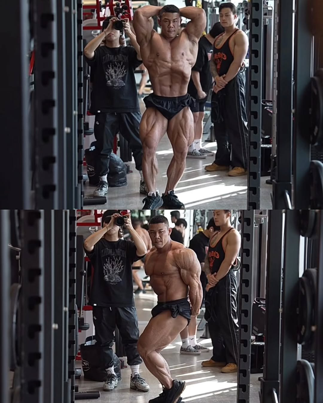 Photo shared by Phil (트포이) 🇰🇷 on September 30, 2025 tagging @mrolympiallc, @bodybuilderswithoutborders, and @kang_min_kim. May be an image of 8 people, biceps, people bodybuilding, barbell and text.