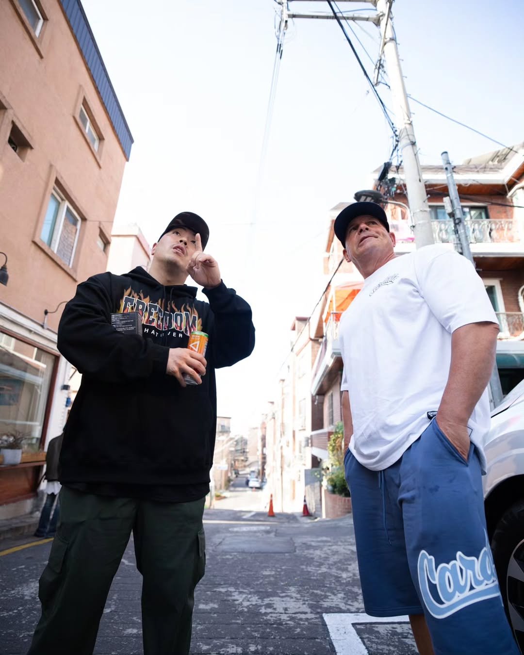 Photo shared by Phil (트포이) 🇰🇷 on April 19, 2025 tagging @cardilloweightbelts, @freedom__athletic, and @deuxmicros. May be an image of 2 people, outerwear, sweatpants and text.