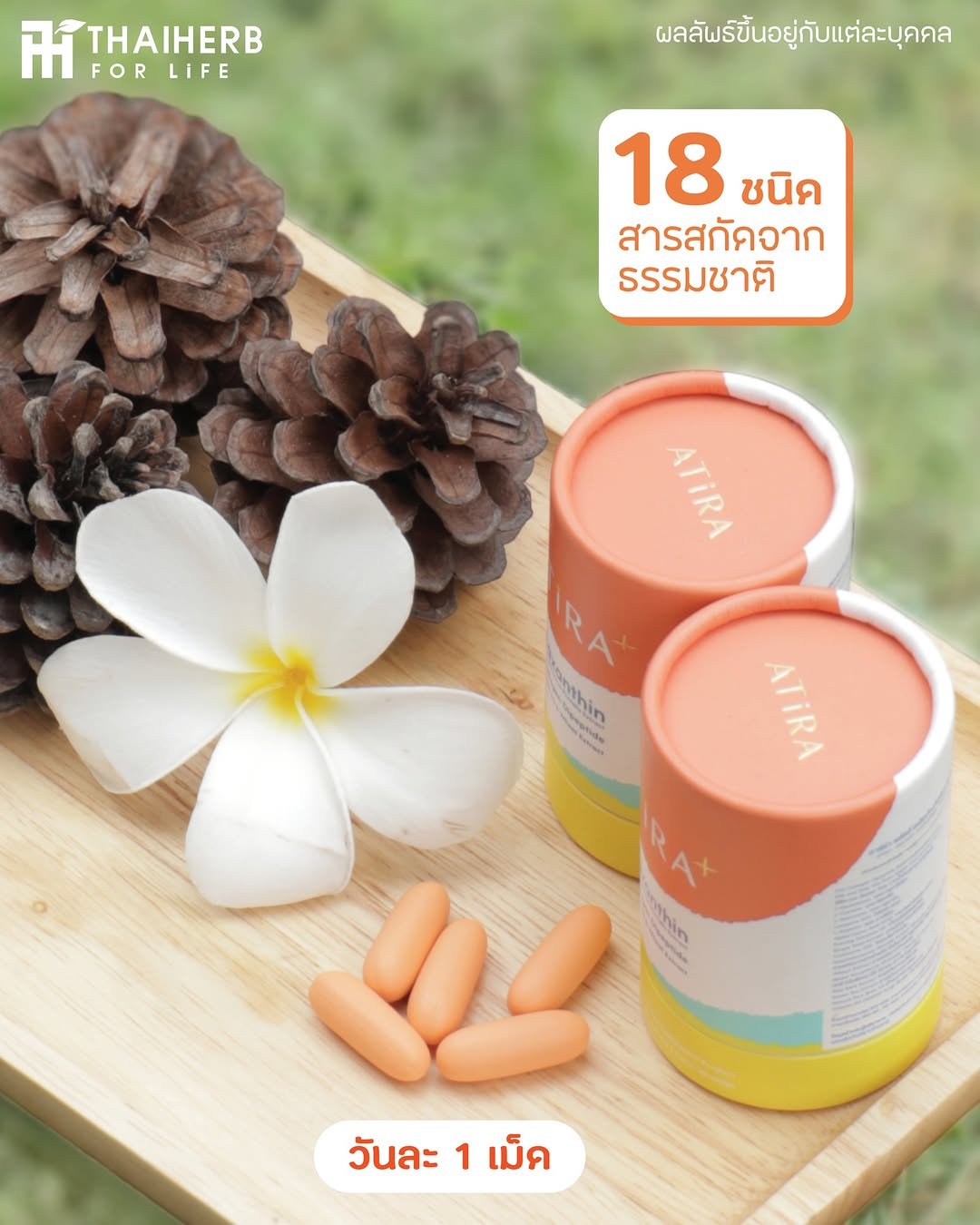Photo by ไทยเฮิร์บ ฟอร์ ไลฟ์ on September 22, 2025. May be an image of hair product, lotion, bar soap and text that says '王 THAIHERB FOR FORLIFE LIFE ผลลัผร์ขึ้นอยู่กับแต่ละบุคคล 18 ชนิด สารสกัดจาก ัดจาก าก ธรรมชาติ ATIRA ATIRA IRA anthin ATIRA hin วันละ วันละ1เม็ด 1 เม็ด'.