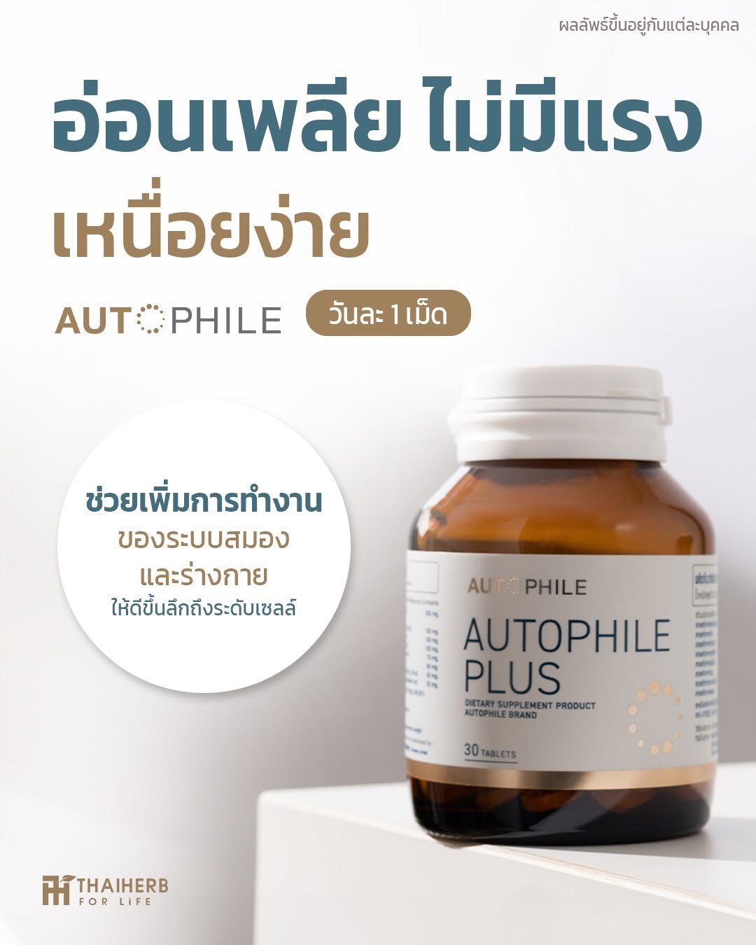Photo by ไทยเฮิร์บ ฟอร์ ไลฟ์ on December 04, 2025. May be an image of medicine and text that says 'ผลลัพธ์ขึ้นอยู่กับแต่ละบุคคล อ่อนเพลีย ไม่มีแรง เหนื่อยง่าย AUT AUTOPHILE PHILE วันละ1เม็ด วันละ 1เม็ด ช่วยเพิ่มการทำงาน ของระบบสมอง และร่างกาย ให้ดีขึ้นลึกถึงระดับเซลล์ AUT AUTOPHILE ΤO PHILE EM PLUS AUTOPHILE ETARYSUPPLEMEN PPLEMENT PRODUCT AUTOPHILI PHILEBRAM BRAND 30TABLETS HITHAIHERB FORLIFE FOR LIFE'.