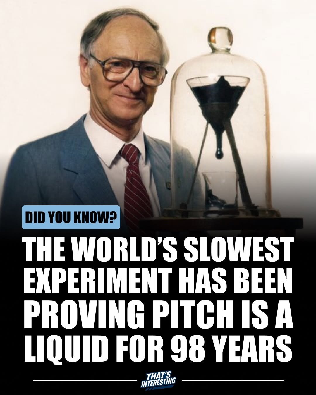 Photo by That's Interesting on January 14, 2026. May be an image of beaker and text that says 'DID YOU KNOW? THE WORLD'S SLOWEST EXPERIMENT HAS BEEN PROVING PITCH IS A LIQUID FOR 98 YEARS THAT'S INTERESTING'.