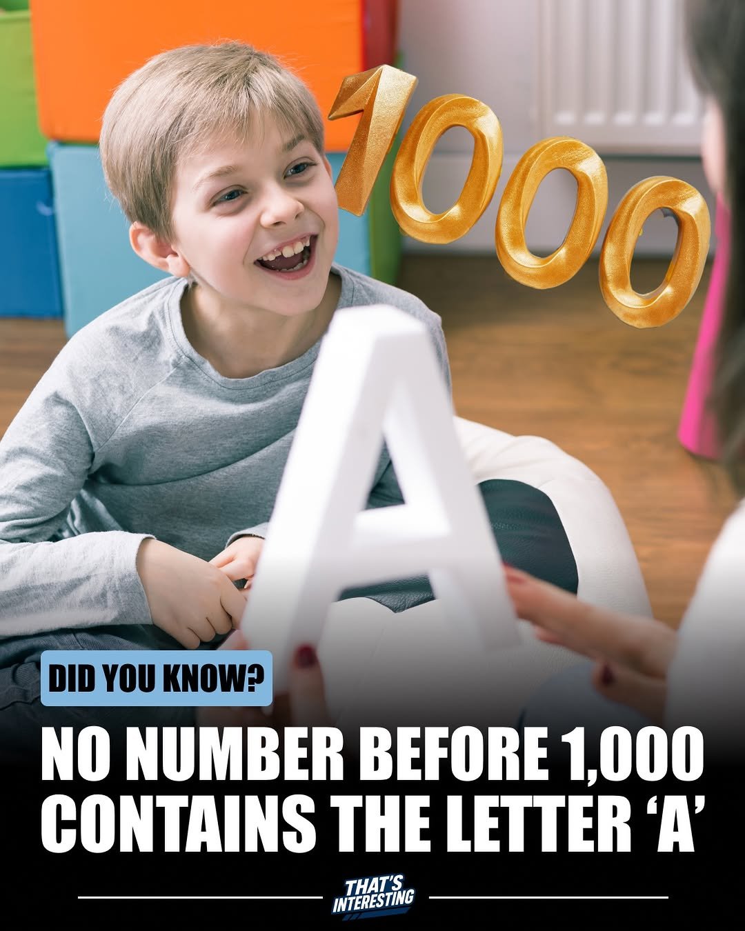 Photo by That's Interesting on January 15, 2026. May be an image of child, crossword puzzle and text that says '1000 DID YOU KNOW? NO NUMBER BEFORE 1,000 CONTAINS THE LETTER 'Ά' THAT'S INTERESTING'.