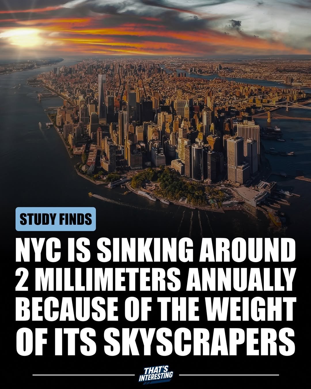 Photo by That's Interesting on November 30, 2025. May be an image of skyscraper and text that says 'STUDY STUDYFINDS FINDS NYC IS SINKING AROUND 2 MILLIMETERS ANNUALLY BECAUSE OF THE WEIGHT OF ITS SKYSCRAPERS THAT'S INTERESTING'.