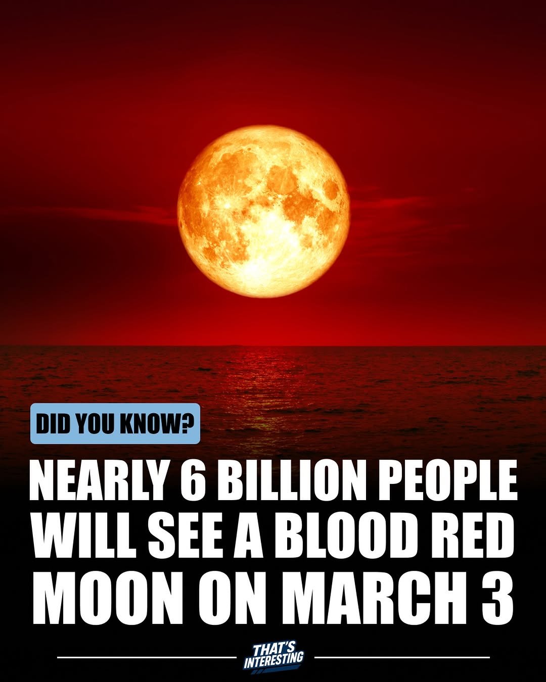 Photo by That's Interesting on January 16, 2026. May be an image of eclipse and text that says 'DID YOU KNOW? NEARLY 6 BILLION PEOPLE WILL SEE A BLOOD RED MOON ON MARCH 3 THAT'S INTERESTING'.
