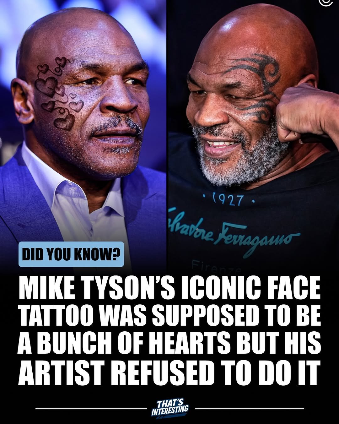 Photo by That's Interesting on December 01, 2025. May be an image of one or more people, magazine and text that says '(927 Ratre F DID YOU KNOW? MIKE TYSON'S ICONIC FACE TATTOO WAS SUPPOSED TO BE A BUNCH OF HEARTS HIS ARTIST REFUSED TO DO IT THAT'S INTERESTING'.