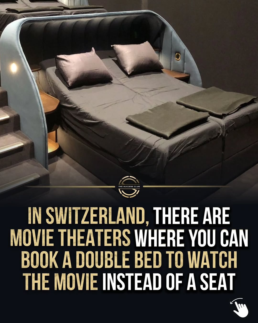 Photo by Positive & Motivating Quotes on December 02, 2025. May be an image of screen, bed, recliner, mattress, bedroom and text that says 'IN SWITZERLAND, THERE ARE MOVIE THEATERS WHERE YOU CAN A DOUBLE BED TO WATCH THE MOVIE INSTEAD OF A SEAT'.