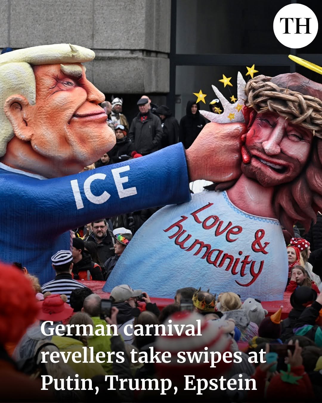Photo by The Hindu on February 17, 2026. May be an image of text that says 'TH ICE Love កហាយ៧ល្ង & German carnival revellers take swipes at Putin, Trump, Epstein'.