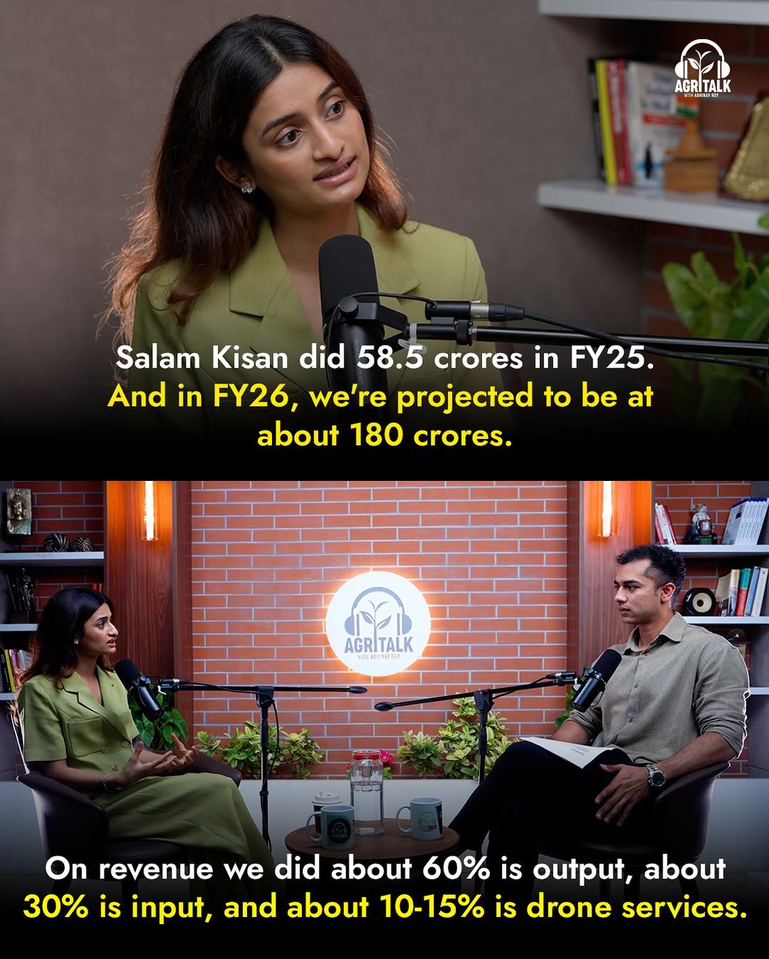 Photo by Theagritalkshow on December 25, 2025. May be a meme of ‎one or more people, poster and ‎text that says '‎AGRI AGRITALK Salam Kisan did 58.5 crores in FY25. And in FY26, we're projected to be at about 180 crores. AGRITALK ين 商耐店 On revenue we did about 60% is output, about 30% is input, and about 10-15% is drone services.‎'‎‎.
