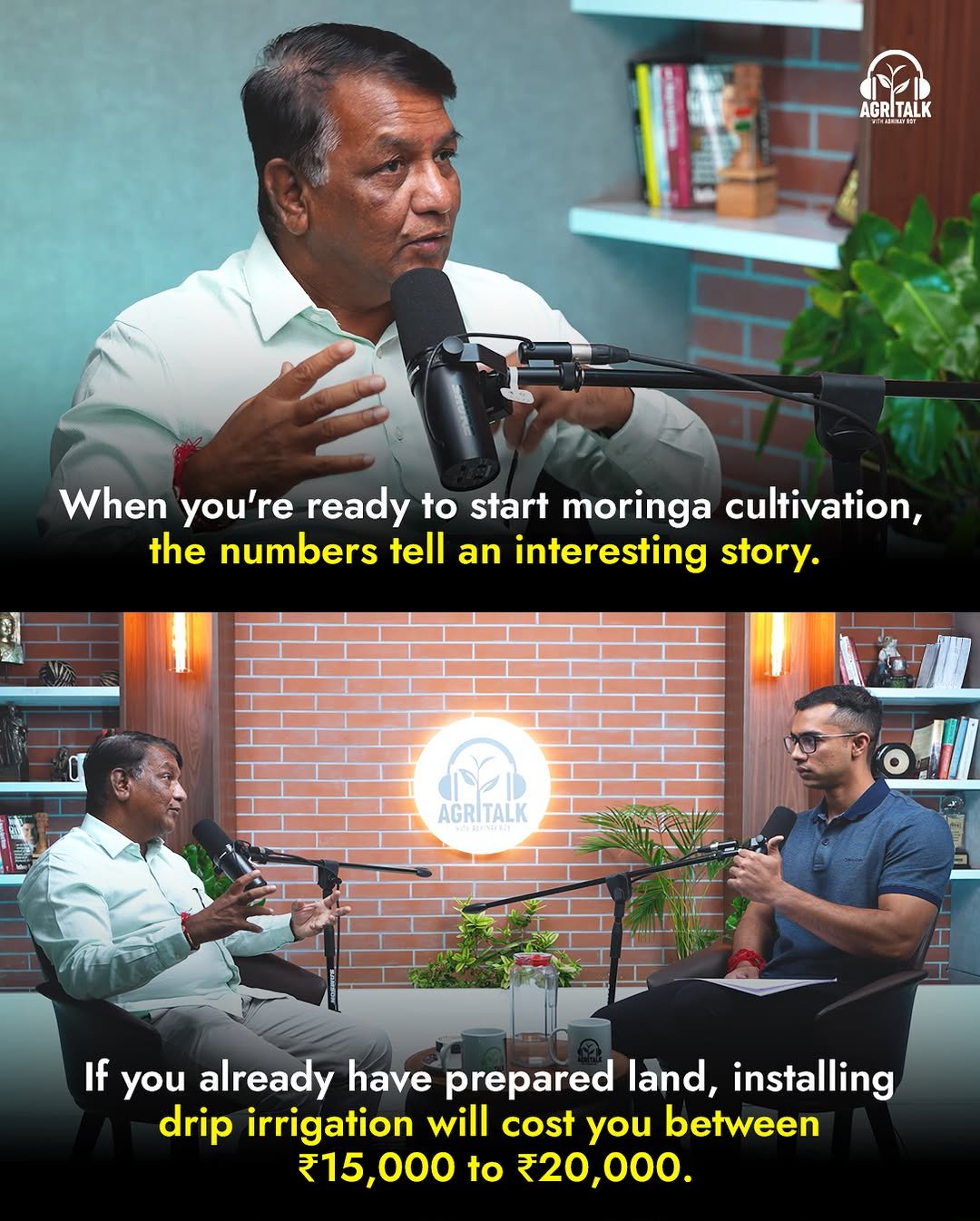 Photo by Theagritalkshow on February 16, 2026. May be a meme of one or more people, microphone and text that says 'AGRI AGRITALK TALK When you're ready to start moringa cultivation, the numbers tell an interesting story. AGRI AGRITALK If you already have prepared land, installing installing drip irrigation will cost you between ₹15,000 to ₹20,000.'.
