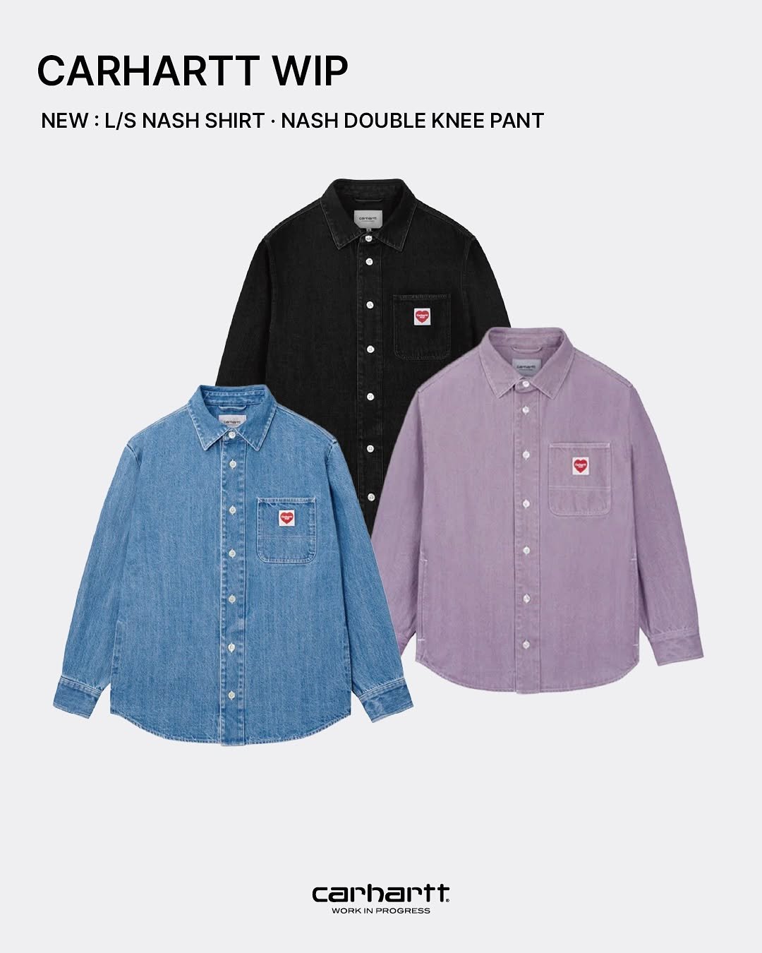 Photo by 더바운스 on August 28, 2025. May be an image of text that says 'CARHARTT WIP NEW L/S NASH SHIRT NASH DOUBLE KNEE PANT 0 carhartt. WORKIN WORKINPROONE9S'.