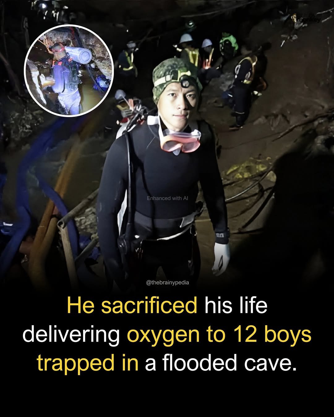 Photo by Brainypedia on December 01, 2025. May be an image of text that says '@thebrainypedia He sacrificed his life life delivering oxygen to 12 boys trapped in a flooded ae.'.