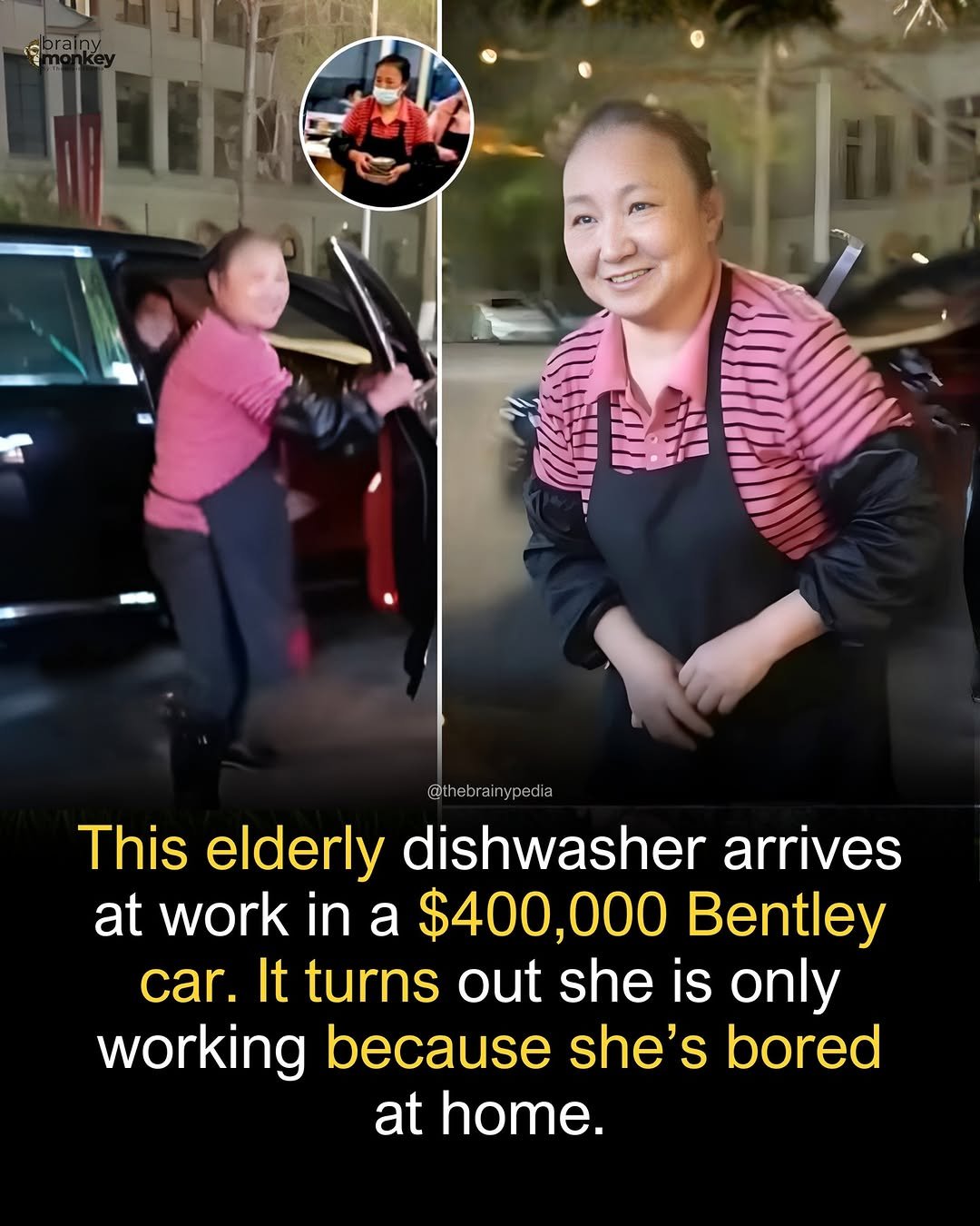 Photo by Brainypedia on December 02, 2025. May be an image of standing, dishwasher and text that says '@t thebrainypedi ebrair This elderly dishwasher arrives at at work in a $400,000 Bentley car. It turns out she is only working because she's bored at home.'.