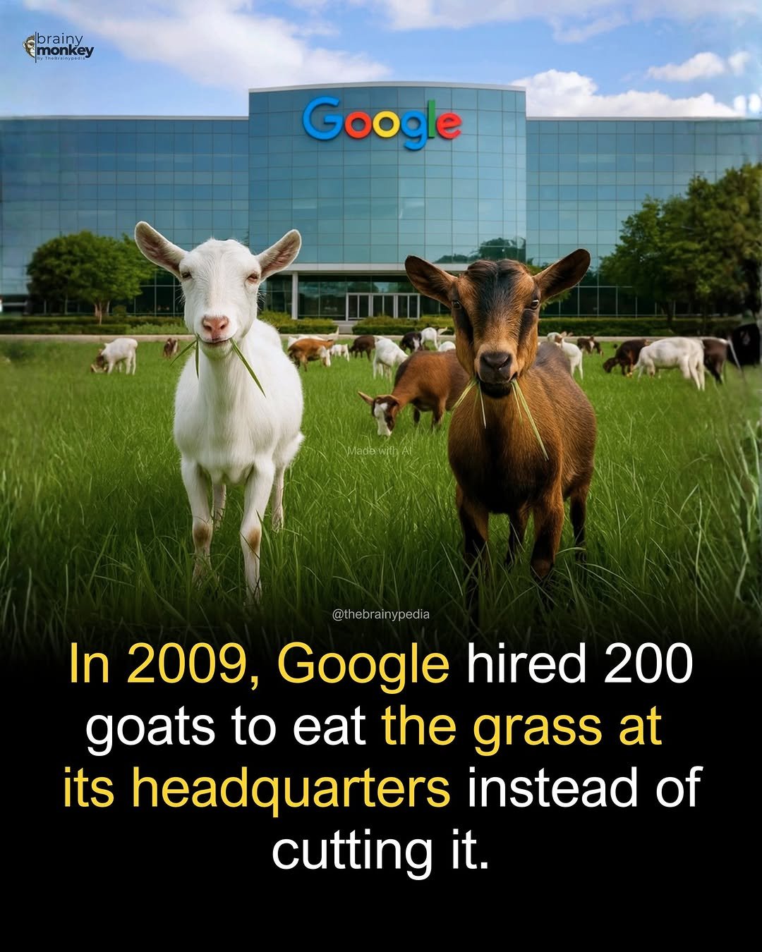Photo by Brainypedia on December 01, 2025. May be an image of ‎goat, sheep, plant, grass and ‎text that says '‎aky brainy emonkey م Google Made MadawlyAl @t @thebrainypedia hebrain ypedia In 2009, Google hired 200 goats to eat the grass at its headquarters instead of cutting it.‎'‎‎.