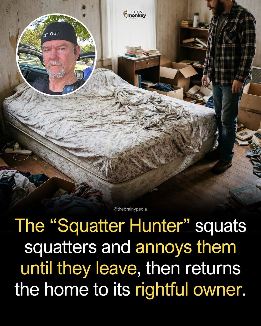 Photo by Brainypedia on January 14, 2026. May be an image of ‎text that says '‎mankey brainy monkey GET GETOUT OUT 44רב FRINA NK @thebrainypedia The "Squatter Hunter" squats squatters and annoys them until they leave, then returns the home to its rightful owner.‎'‎.