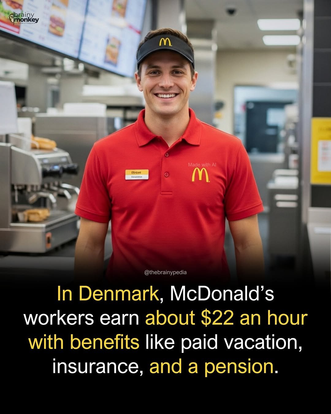 Photo by Brainypedia on December 01, 2025. May be an image of ‎text that says '‎abrainy onk br rainy ירל onkey m 03.00 M @thebrainypedia In Denmark, McDonald's workers earn about $22 an hour with benefits like paid vacation, insurance, and a pension.‎'‎.