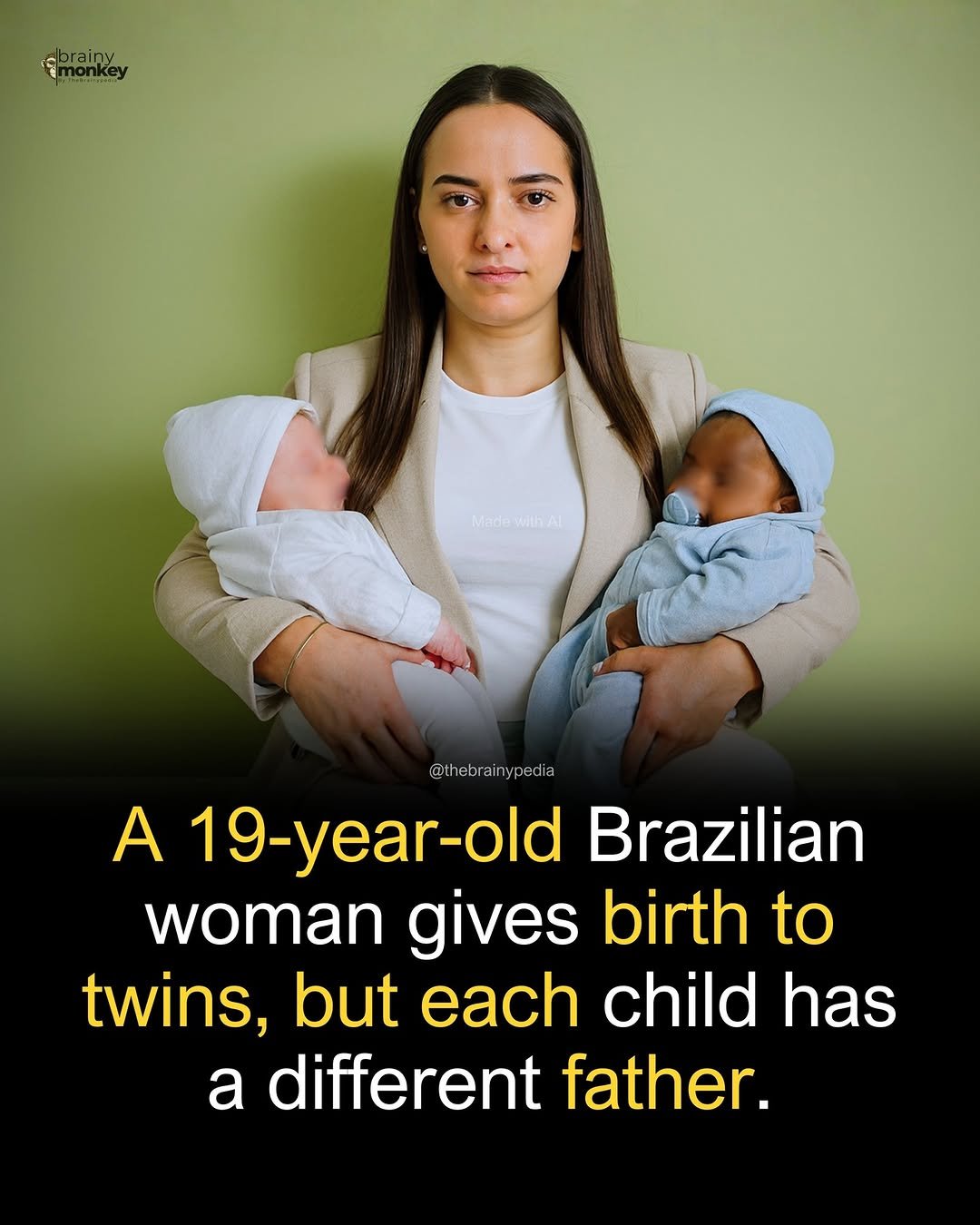 Photo by Brainypedia on December 01, 2025. May be an image of text that says 'monkey Sonik rainy nonkey fon MadowithA MadewihAl WithAr @thebrainypedia A 19-year-old Brazilian woman gives birth to twins, but each child has a different father.'.