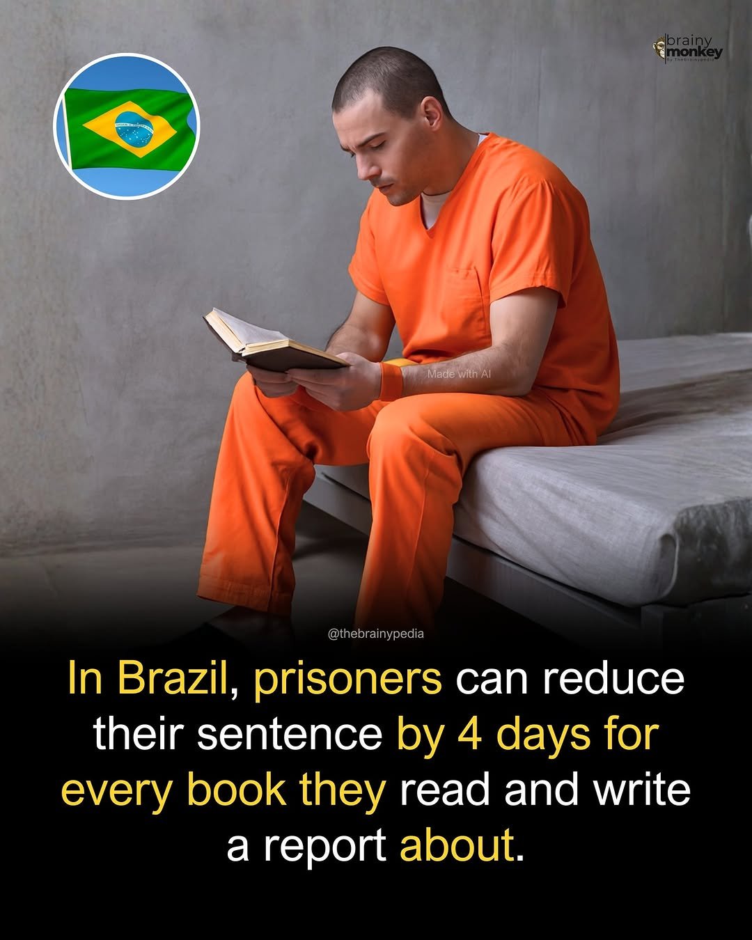 Photo by Brainypedia on November 30, 2025. May be an image of text that says 'WaMadowill @thebrainypedia @thebrain ypedia In n Brazil, prisoners can reduce their sentence by 4 days for every book they read ano write a report about.'.