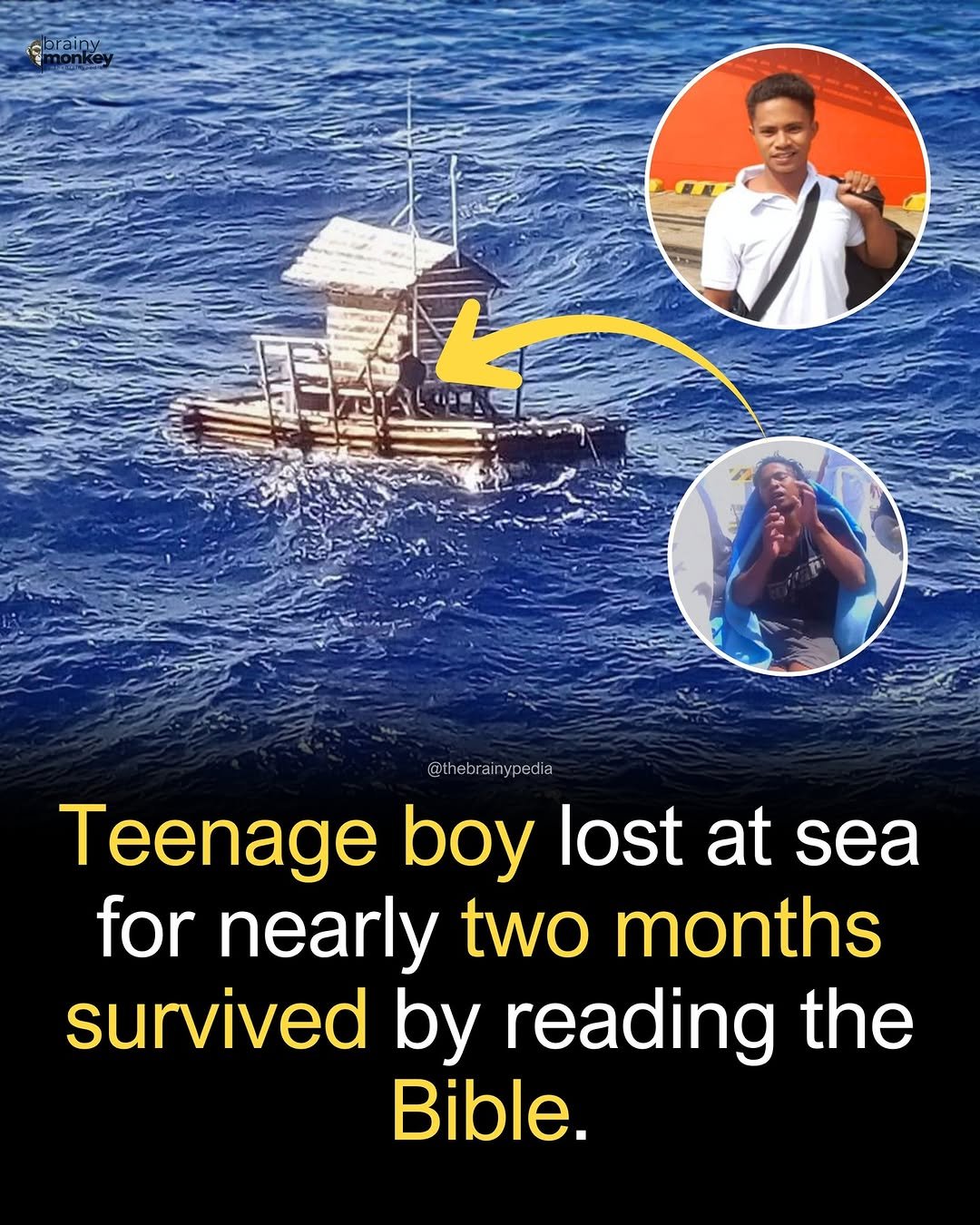 Photo by Brainypedia on January 13, 2026. May be an image of text that says 'fmonkey brainy @t thebrair ypedia Teenage boy lost at sea for nearly two months survived by reading the Bible.'.